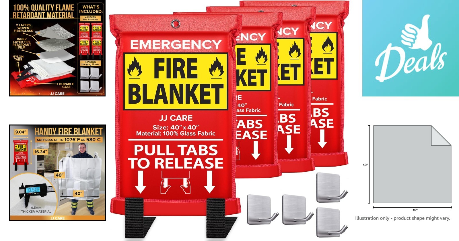 4-Pack Emergency Fire Blanket 40″x40″ with Hooks – Ideal Home & Kitchen Safety