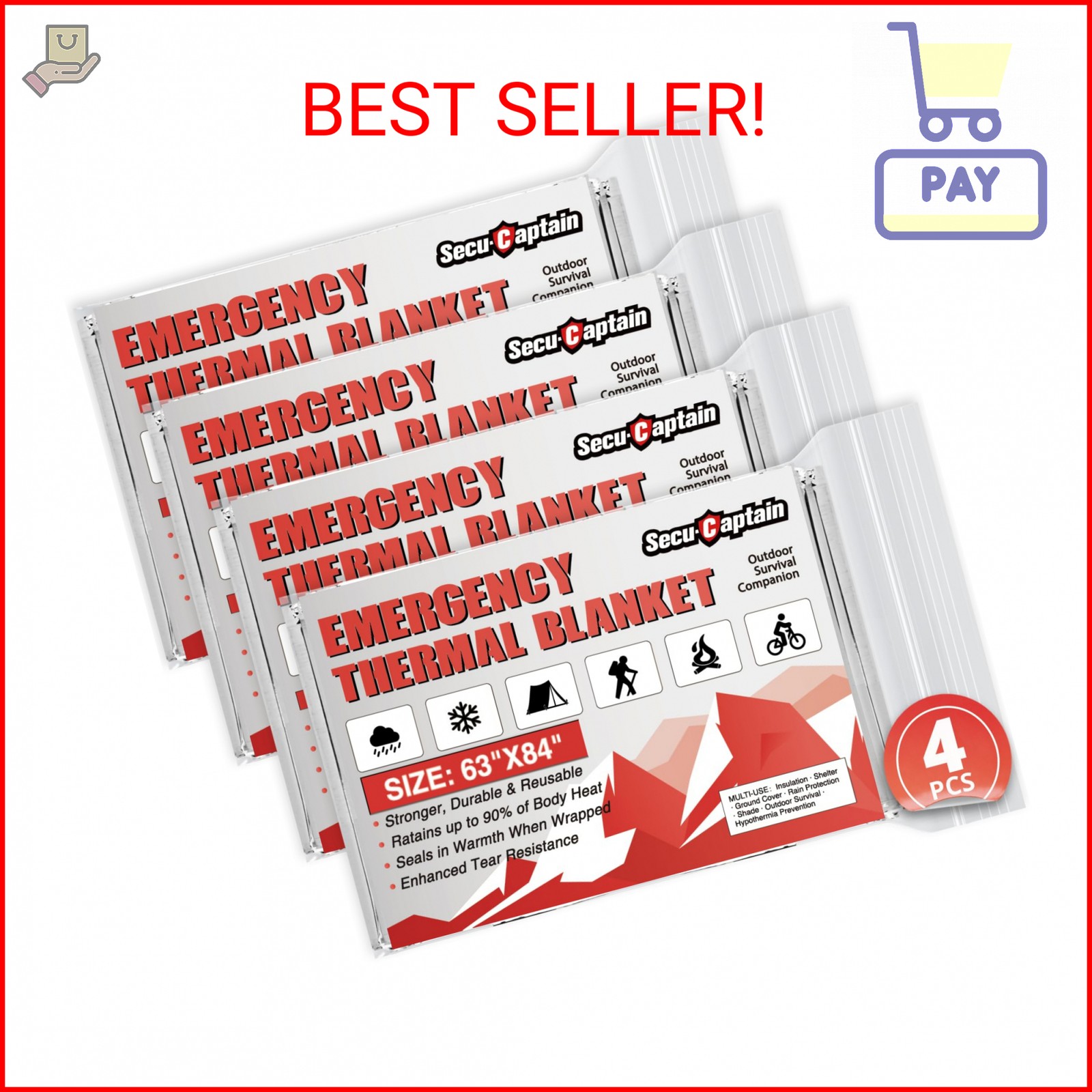 SecuCaptain Survival Emergency Thermal Blankets: Extra Large 84” x63” Space Myla