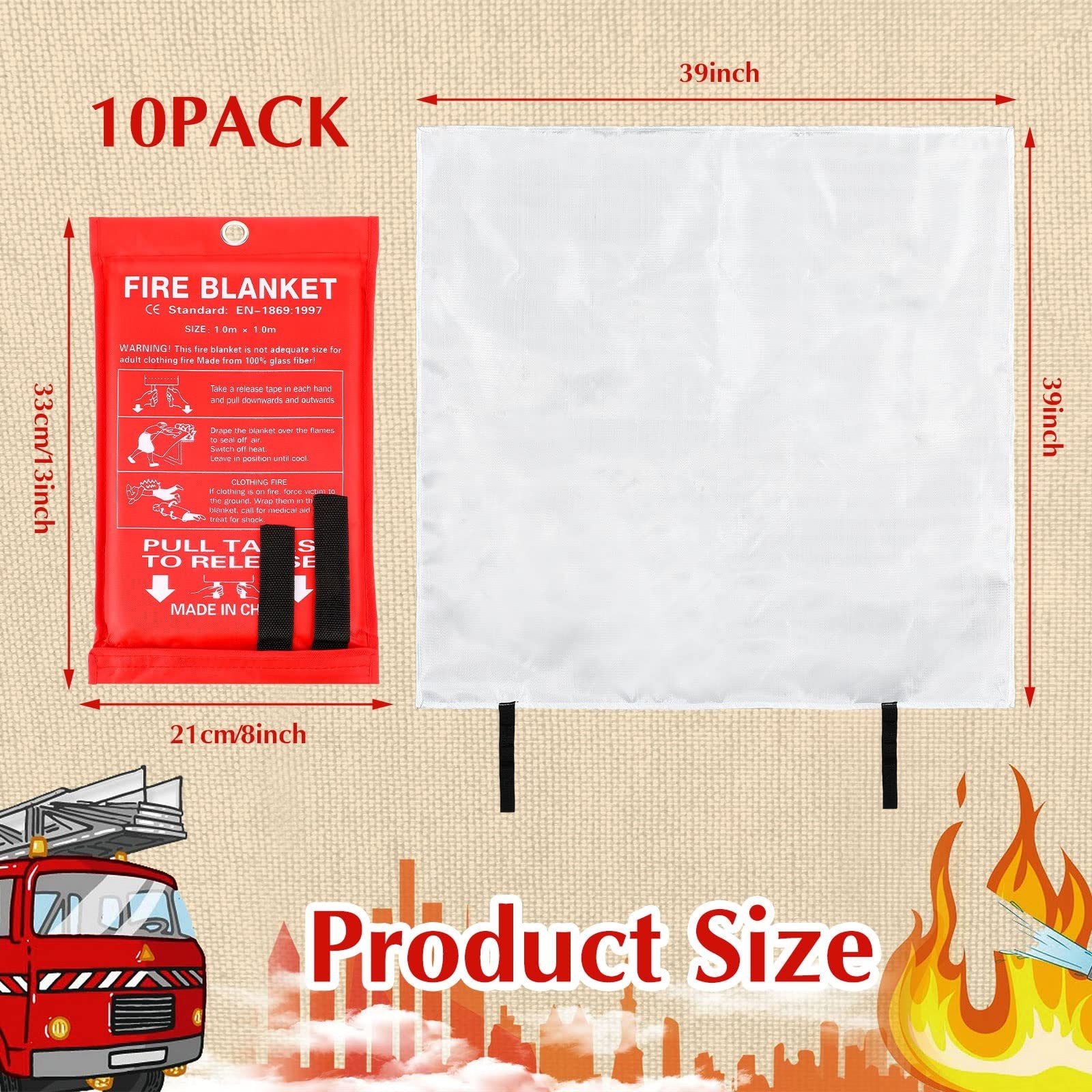 10 Pack Fire Blanket 39″x39″ Emergency Safety Suppression Fiberglass Red for Hom