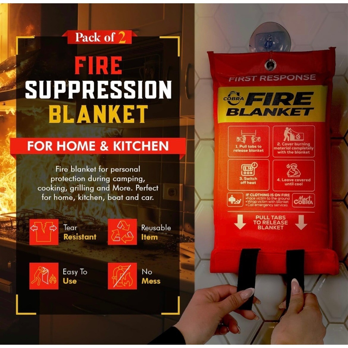 Pack Of 2 Mart Cobra First Response Fire Blanket 40×40 100% Fiberglass Home Use