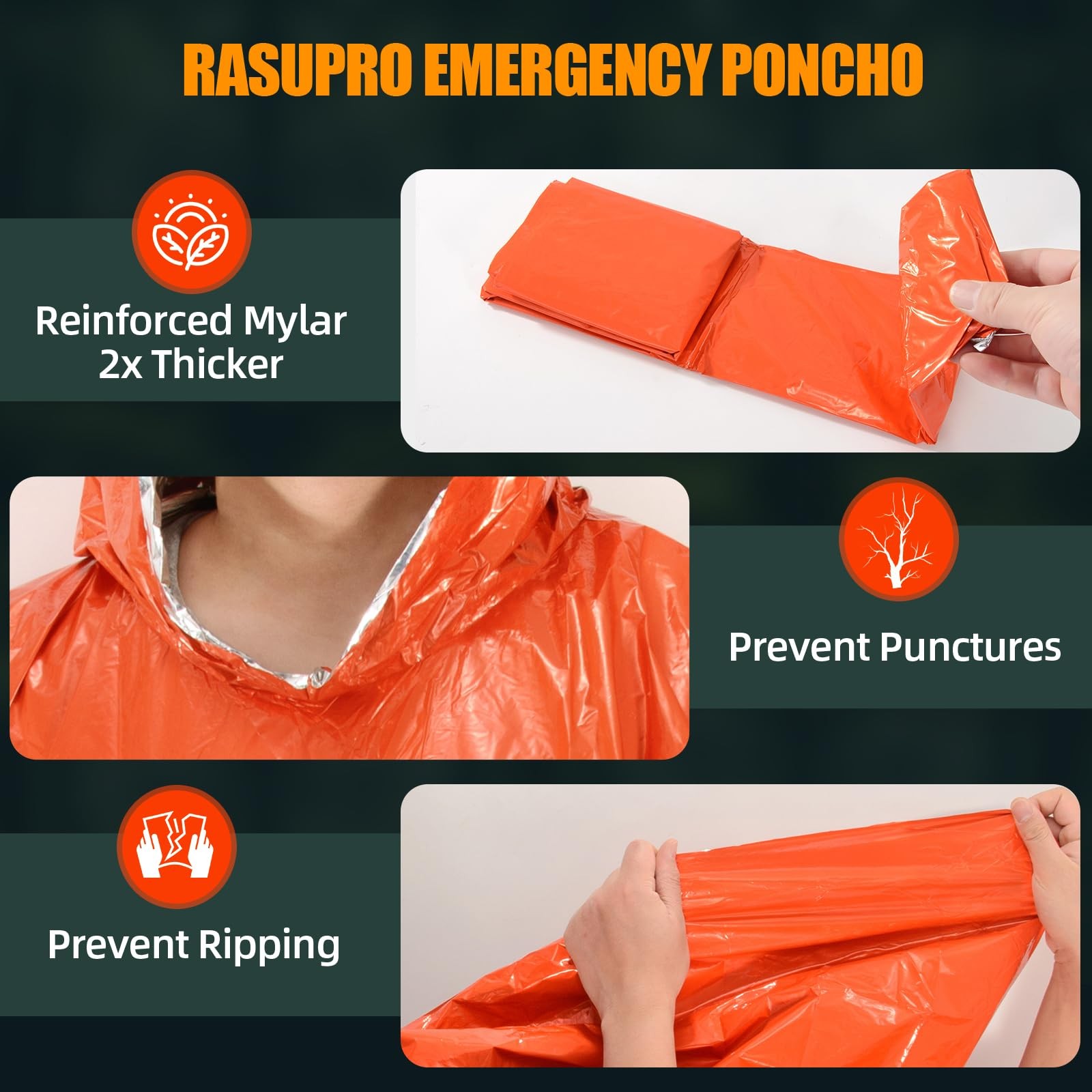 4 Pack Emergency Ponchos w/ Mylar Lining Waterproof Thermal Survival Orange Gear