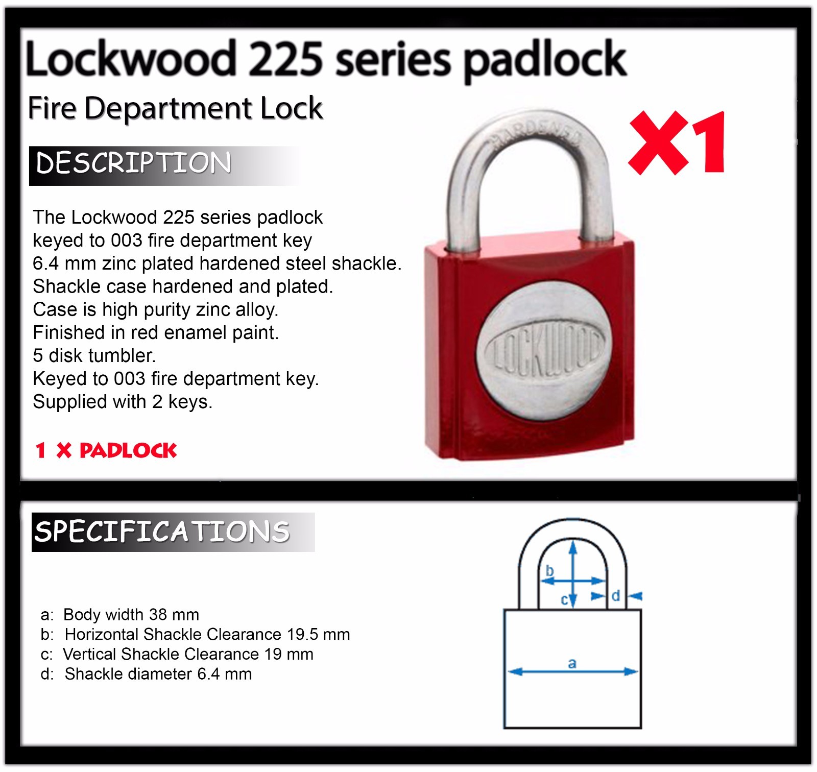LOCKWOOD Fire Department x1 Lock – Red Fire Brigade Padlock – !!!!