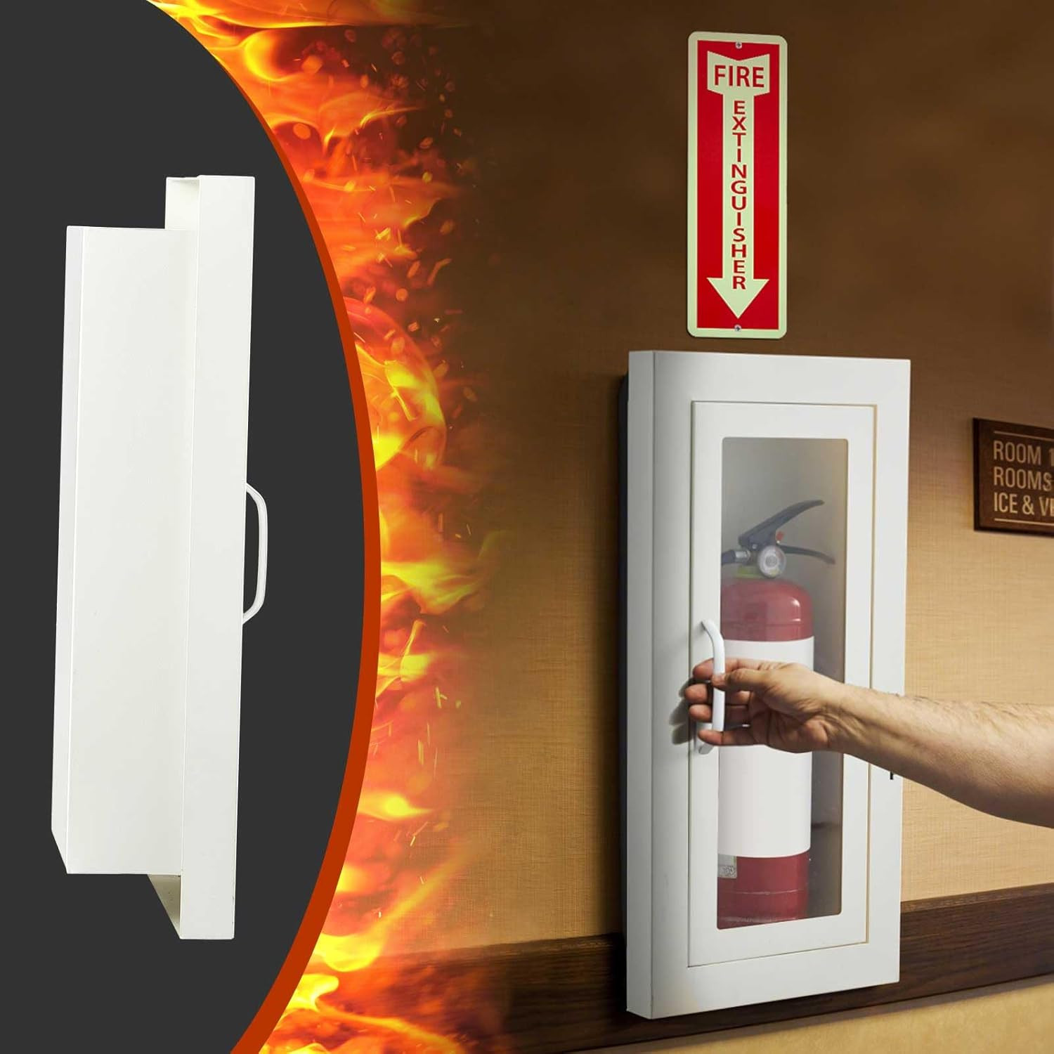 Semi-Recessed Fire Extinguisher Cabinet with Reflective Sign, Steel Recessed Wal
