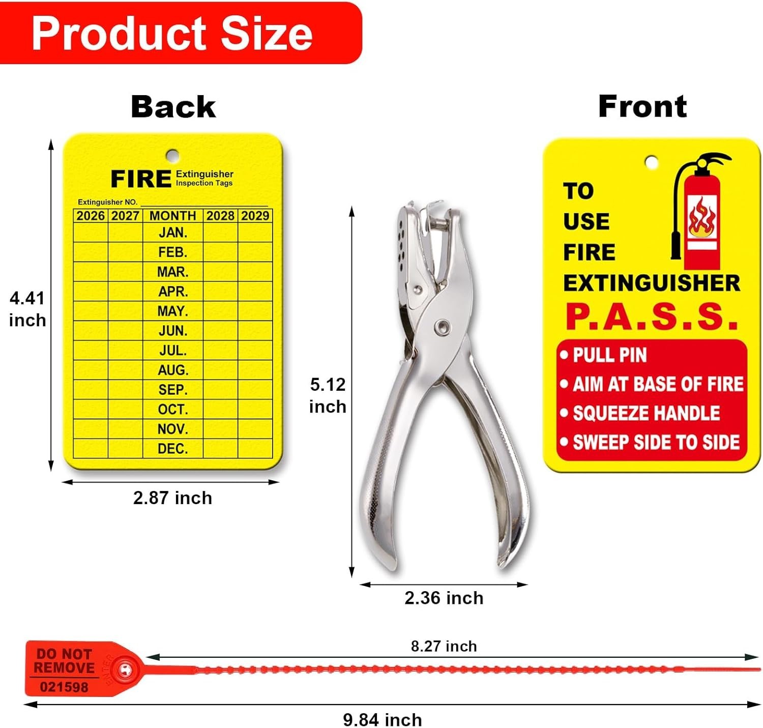 30 Set Fire Extinguisher Tags Monthly Inspection Plastic Ties Hole Puncher Red