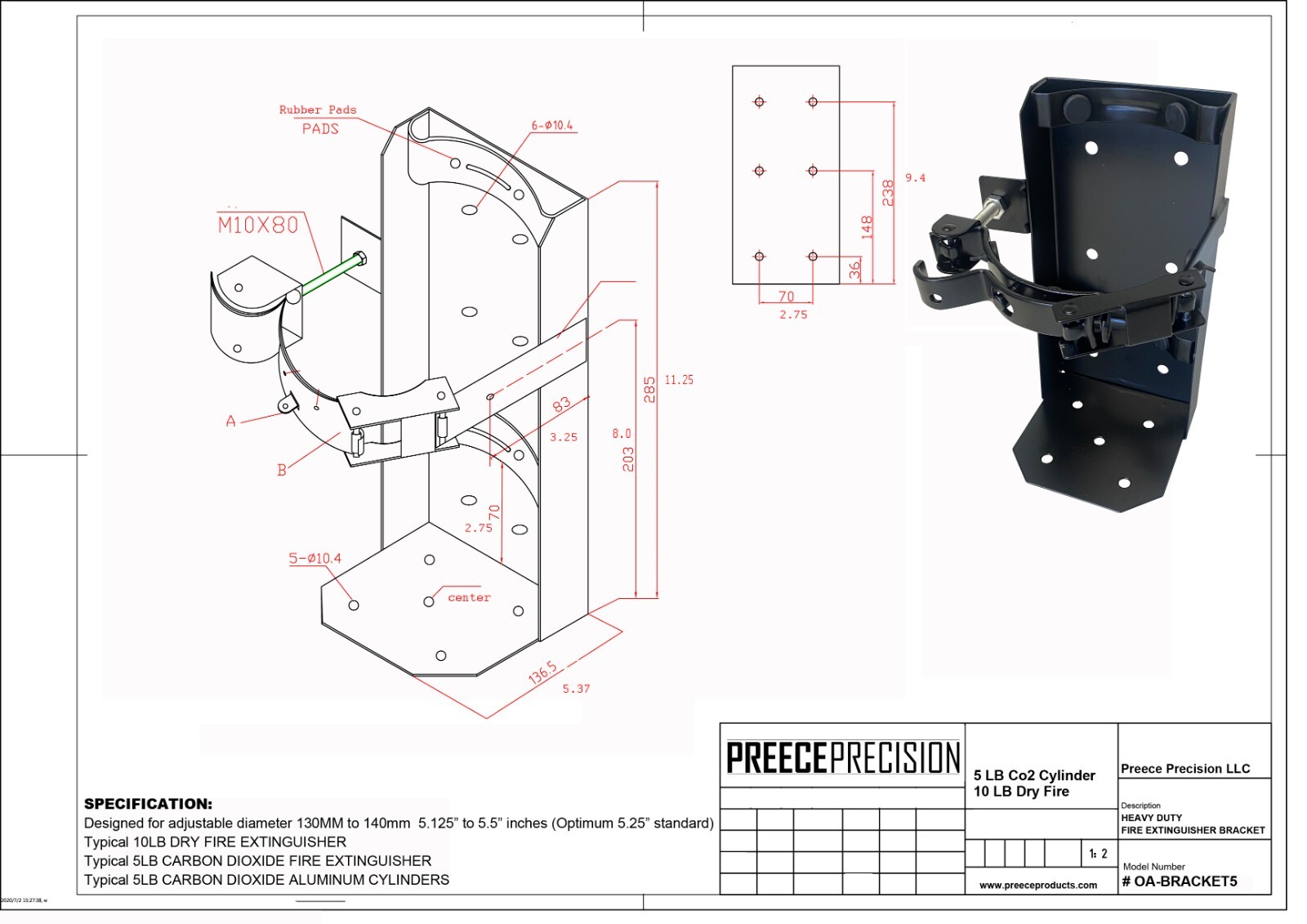 10 LB Dry Fire 5 LB Co2 Extinguisher Vehicle Bracket Universal 809 5.25″