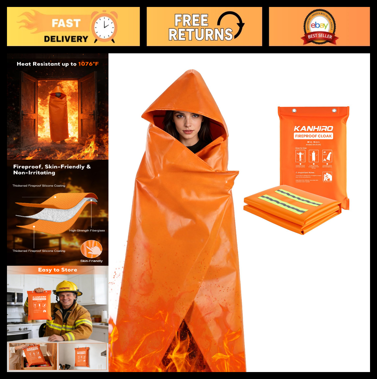 Fireproof Emergency Cloak with Hood – 1076°F Heat Resistant Poncho, XL Silicone