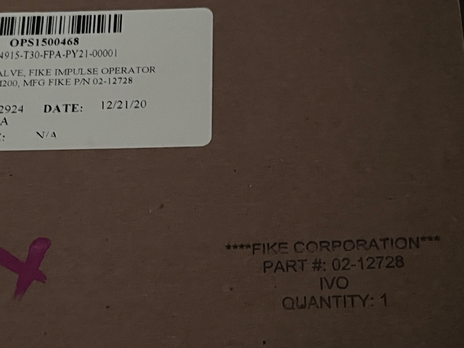 New FIKE 02-12728 Fike Impulse Valve Operator FM 200 FIKE 02-12728
