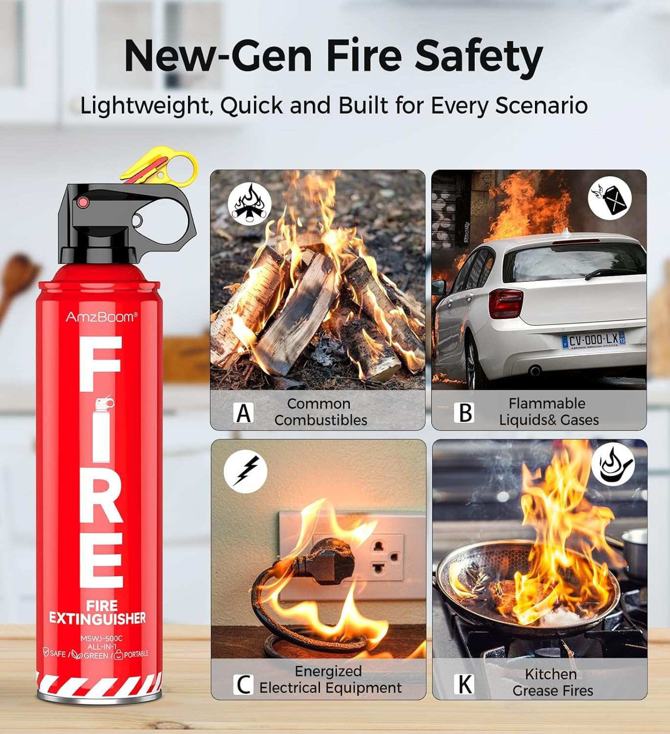 Amzboom 2-Pack Fire Extinguisher for Home, Kitchen, Car, and Grill with Mounting
