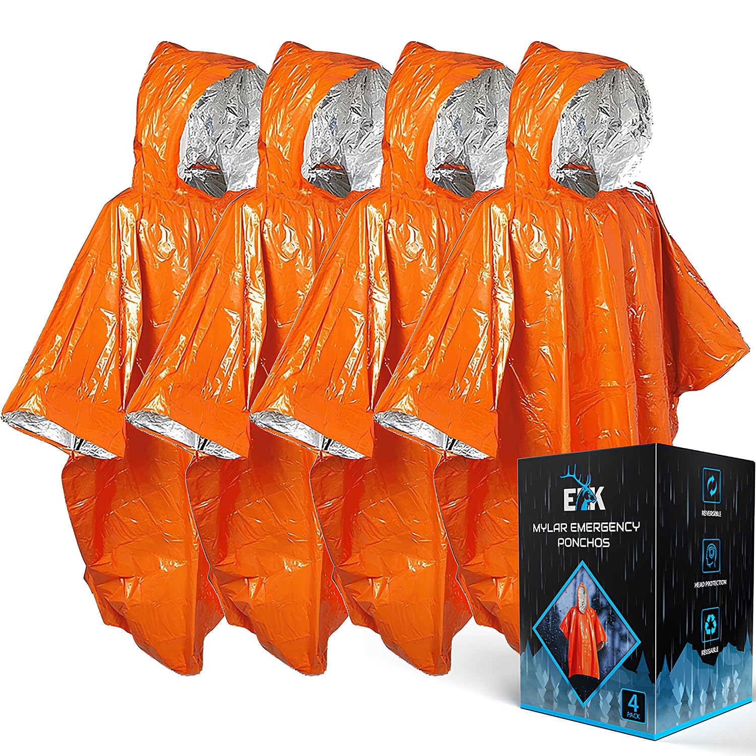 Emergency Poncho 4-Pack – Heat Retention, Mylar Reversible Thermal Raincoat B…