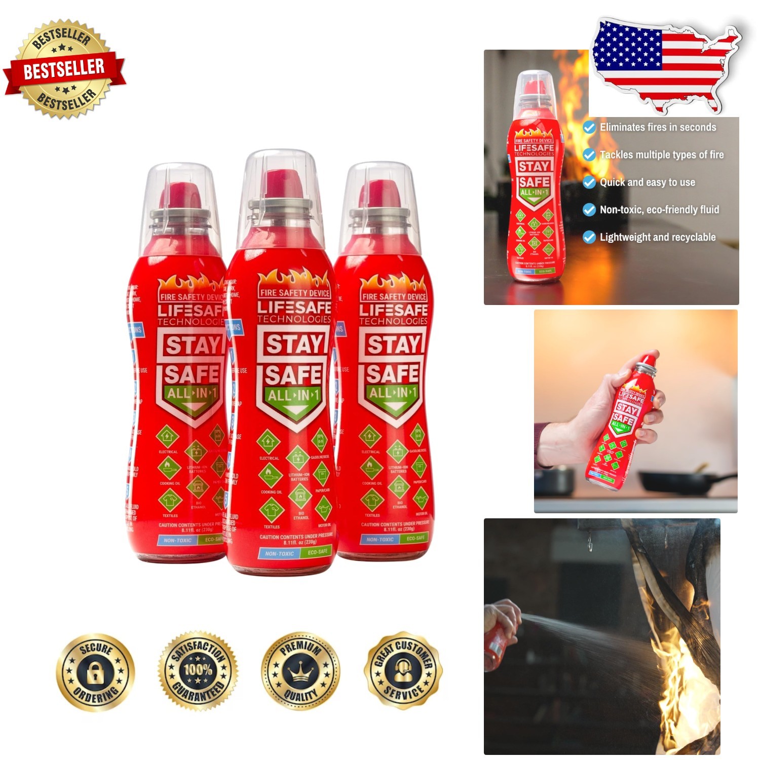 Portable Fire Spray 3-Pack: Eco-Friendly, Non-Toxic, 1000V Electrical Safe