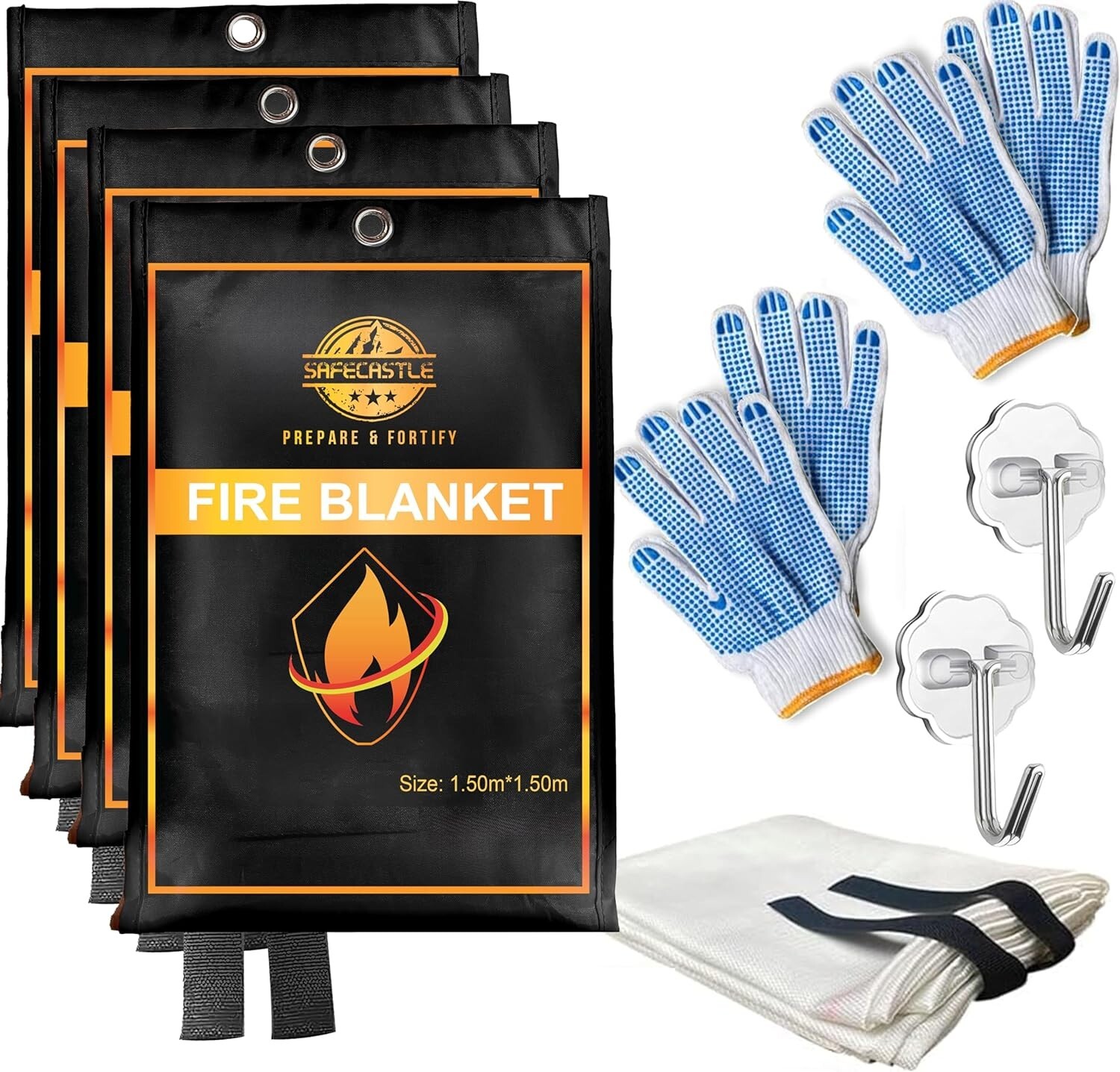 SAFECASTLE 4 Fire Emergency Survival Kit Blanket (59″x59″) with 2 Hook and Glove