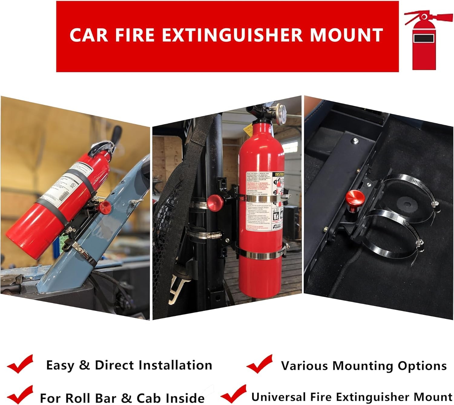 Quick Release Fire Extinguisher Mount – Aluminum Adjustable UTV Roll Bar Fire Ex