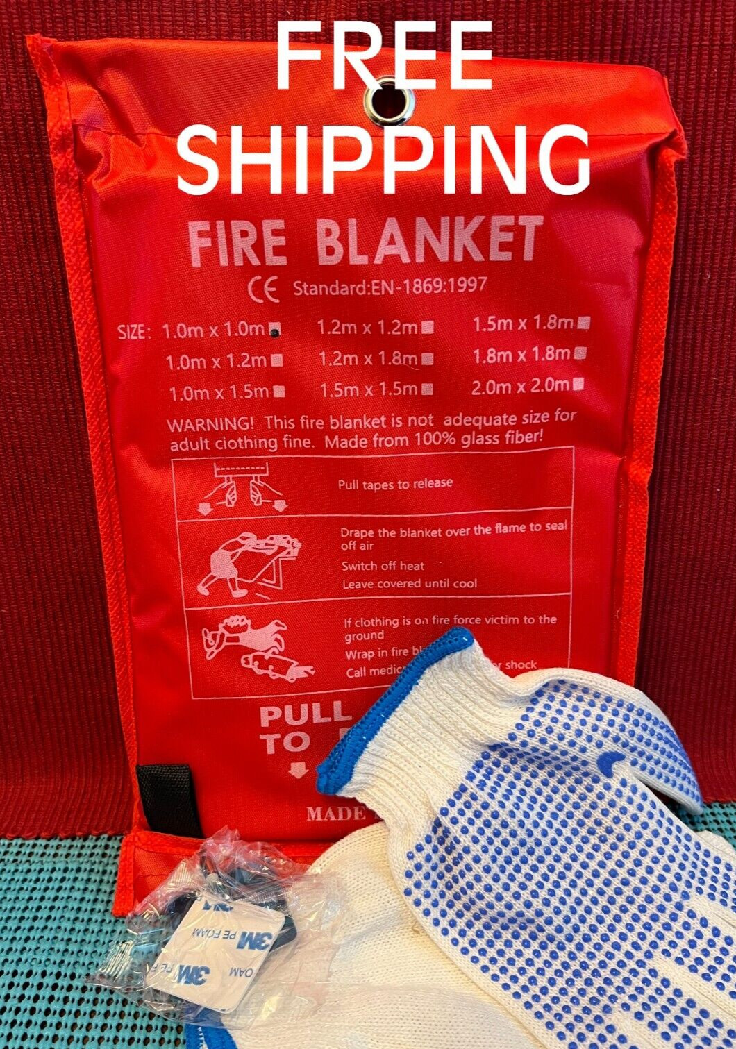 TWO (2) Emergency Fire Blankets with Hooks and Gloves ( 39″ X 39″ / 1m x 1m )