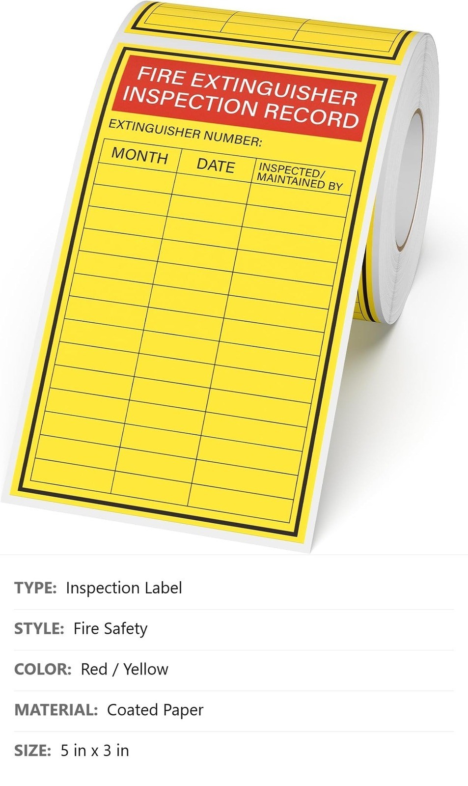 Fire Extinguisher Inspection Labels, 200 Pc, 5″ x 3″, Red Yellow, Matte