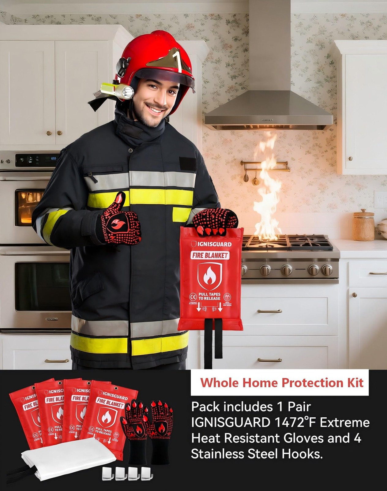 Fire Blankets 4 Pack, 40x40in with 1 Pair Fire Resistant Gloves & 4 Hooks, Fi…