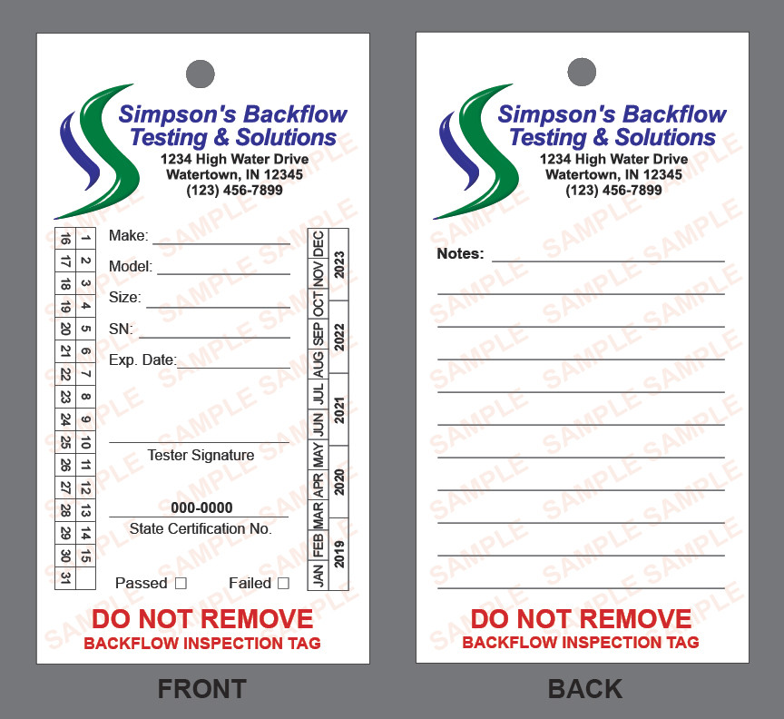 Backflow Inspection Tags – Custom Print – Waterproof – UV Resistant (Pkg of 100)