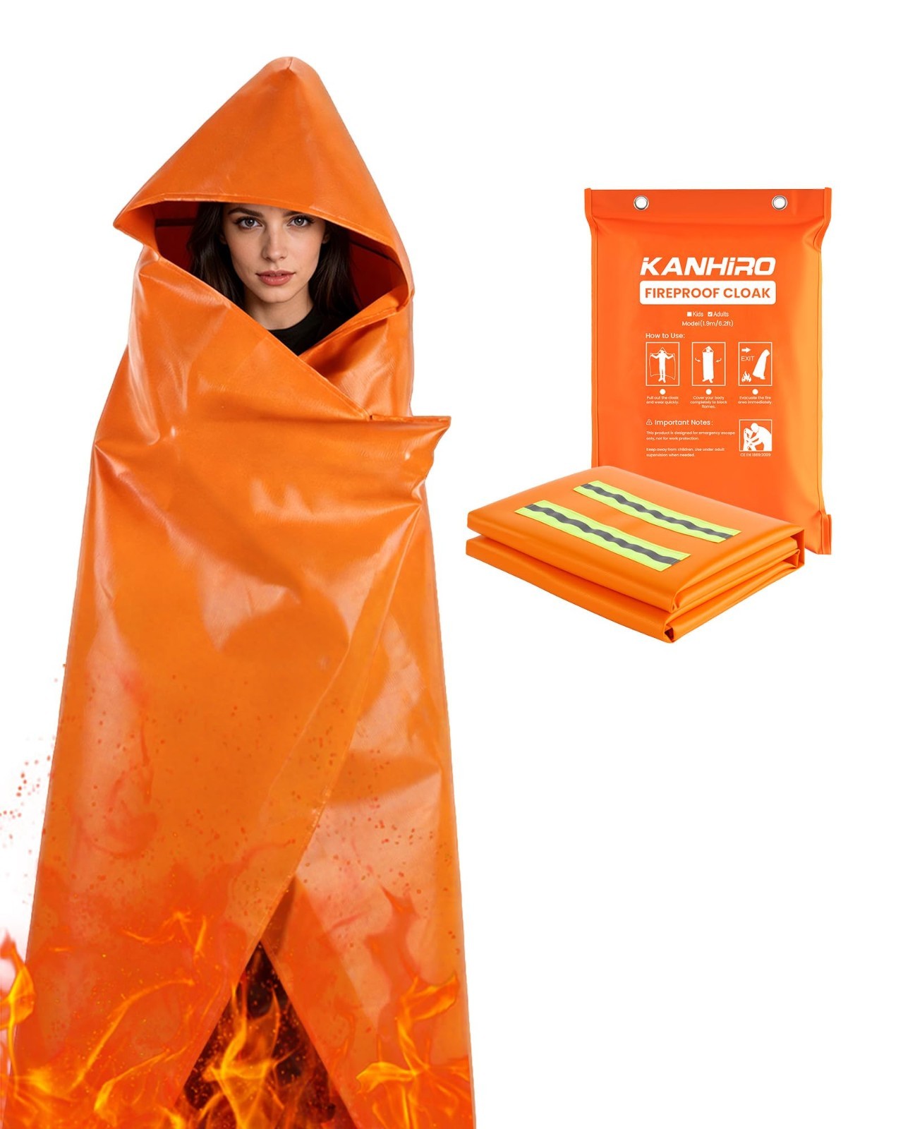 Fireproof Emergency Cloak with Hood – 1076°F Heat Resistant Poncho, XL Silicone
