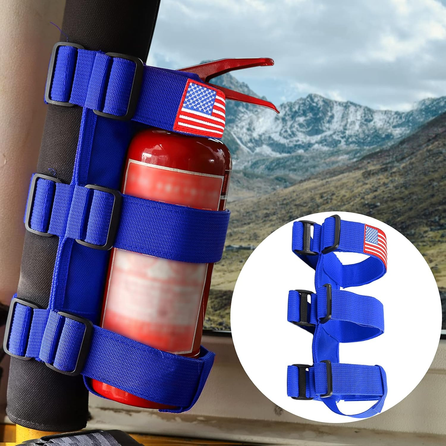 Adjustable Roll Bar Fire Extinguisher Mount Usa Flag Pattern, Blue