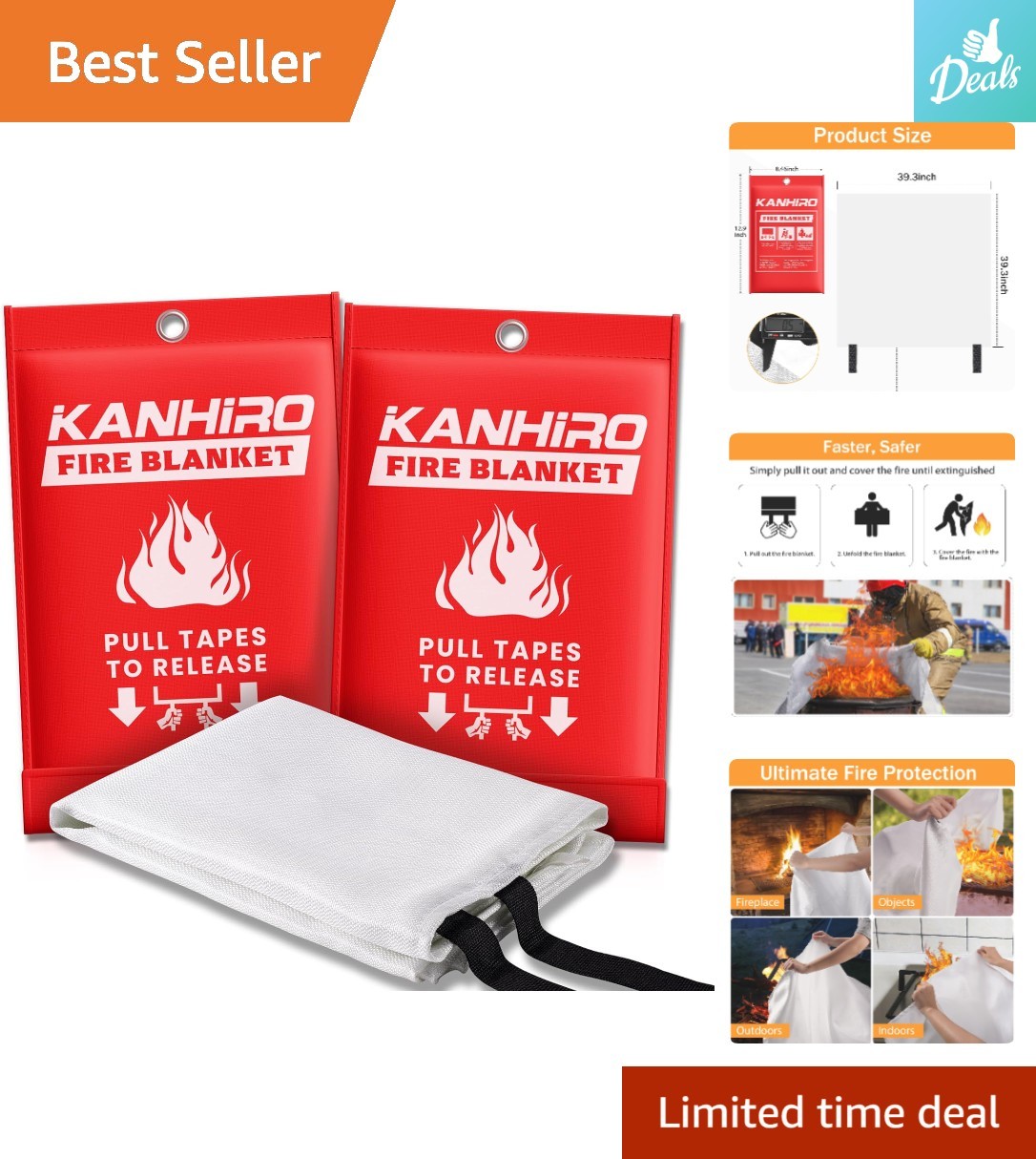 Home Kitchen Fire Blanket – 39×39 in Fiberglass, Easy to Use, Safe & Reusable