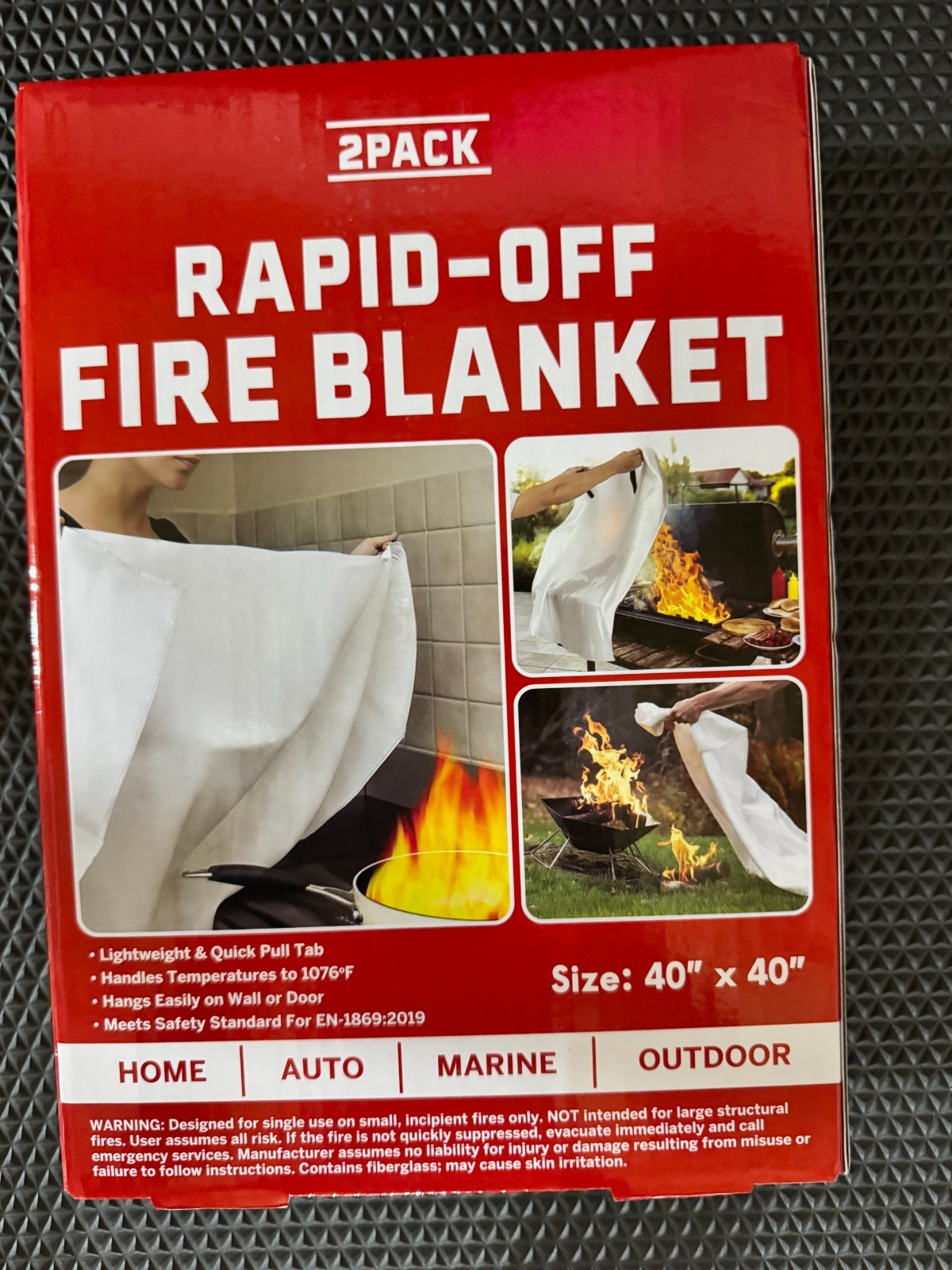 RAPID-OFF Fire Blanket 2 Pack Fiberglass Kitchen Garage Car Safety 40”x40”