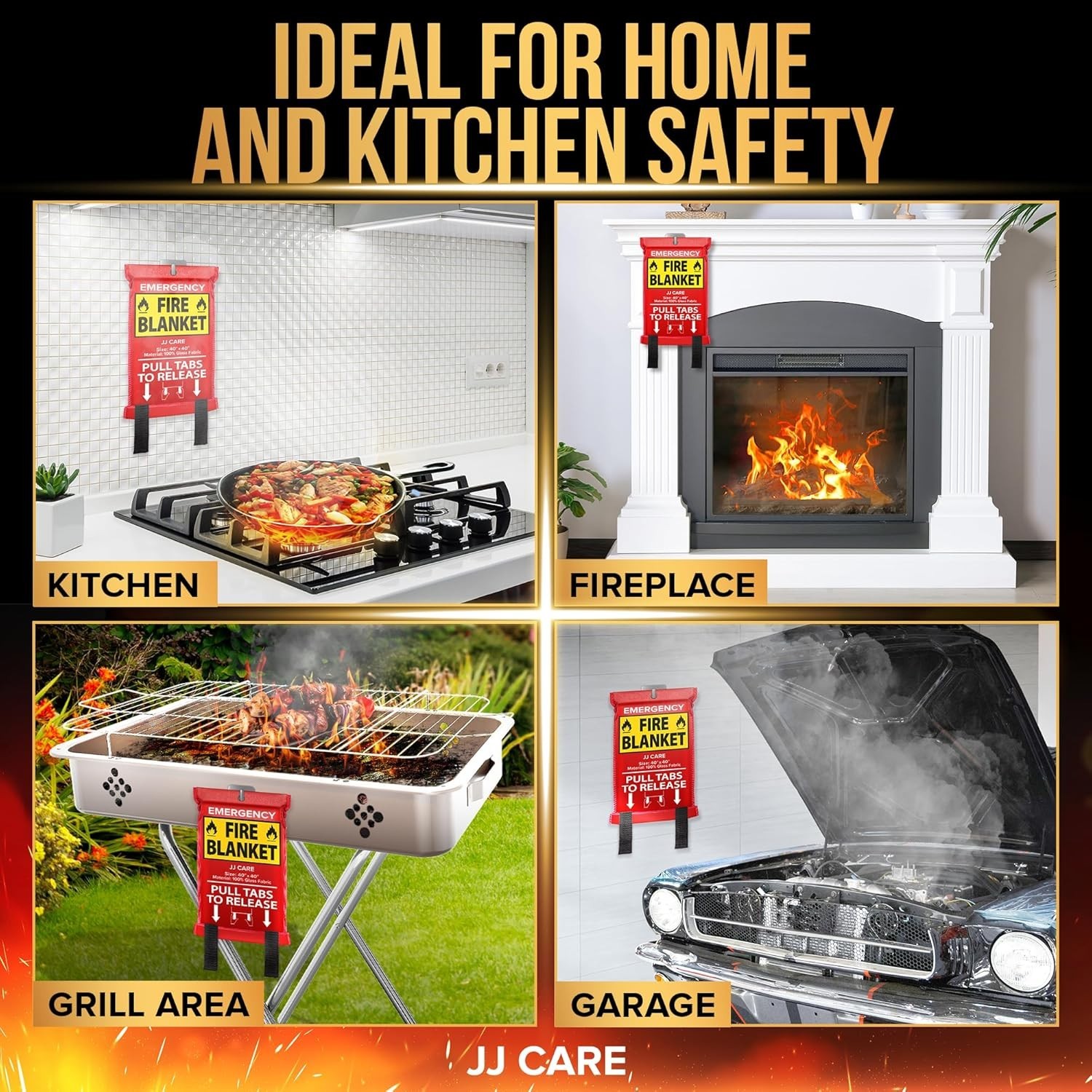 Fire Blanket Set 3 Packs with Hooks 40 Inch Fireproof Fire Safety for Home