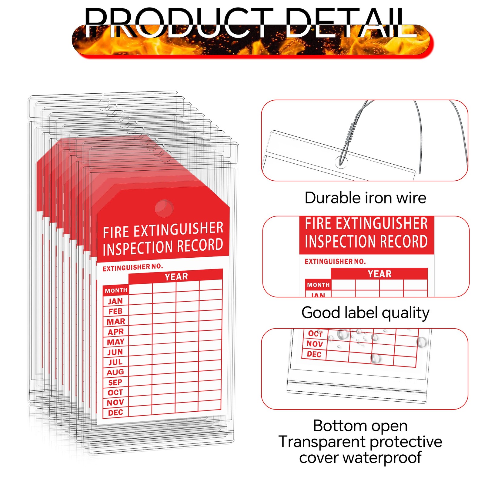 25 Fire Extinguisher Inspection Tag Plastic Cover 3.4 x 7.3 Inch Service Reco…