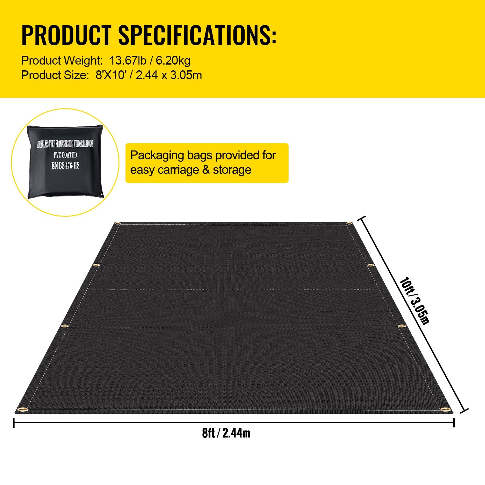 2-Pack Fiberglass Fire Blankets: 8’x10′, 1022°F, 12 Brass Grommets