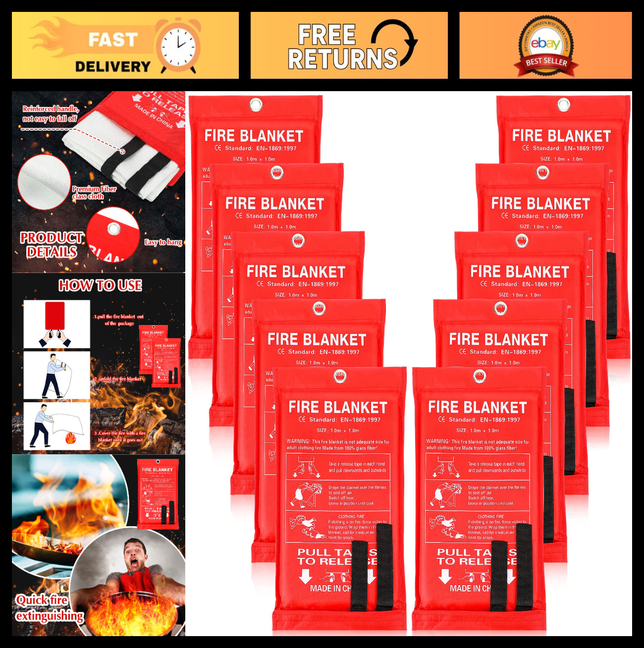 10 Pack Fire Blanket 39″x39″ Emergency Safety Suppression Fiberglass Red for Hom