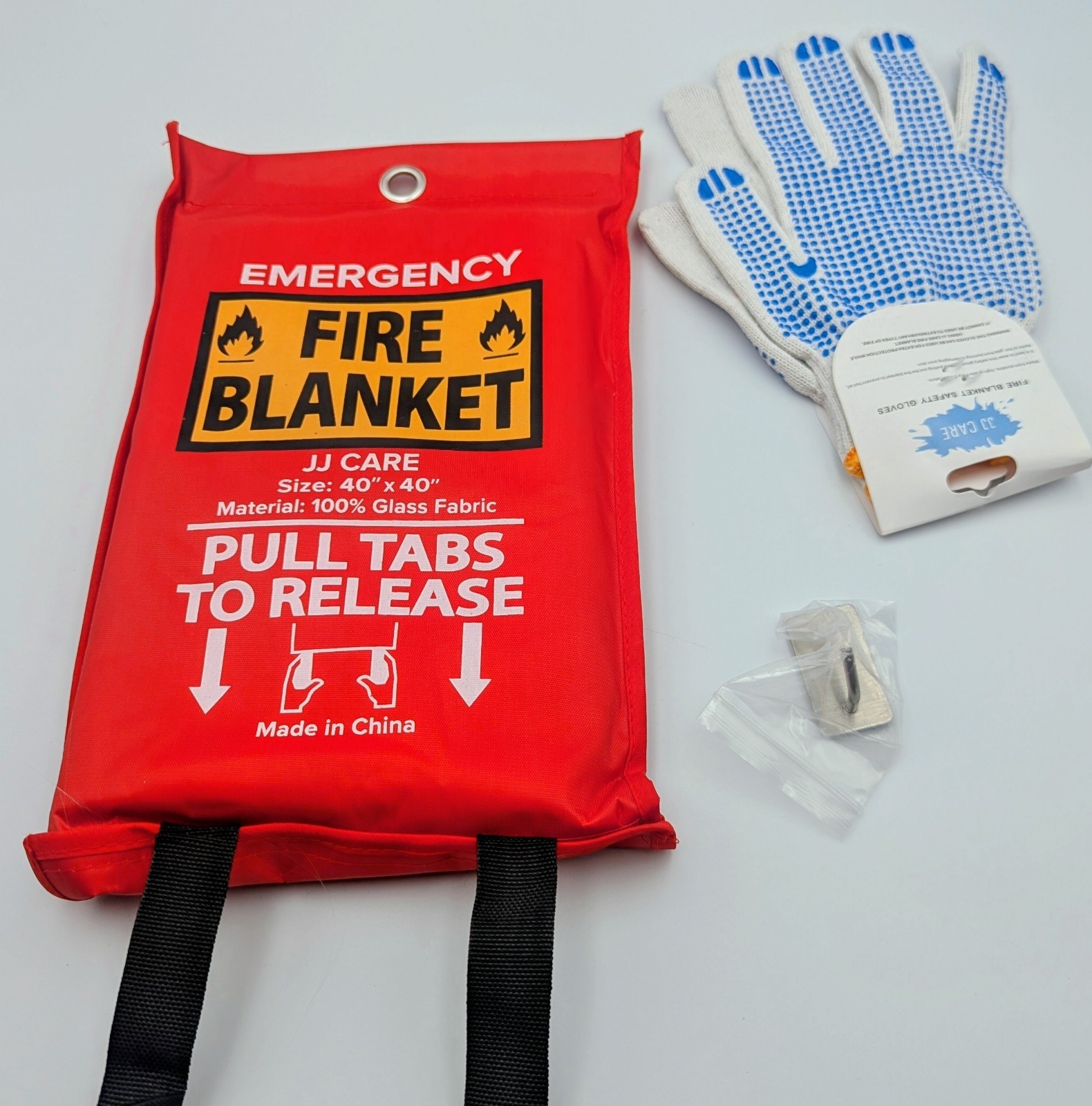 New JJ Care Emergency Fire Blanket for Home or Work w/ Gloves and Hanger – FS