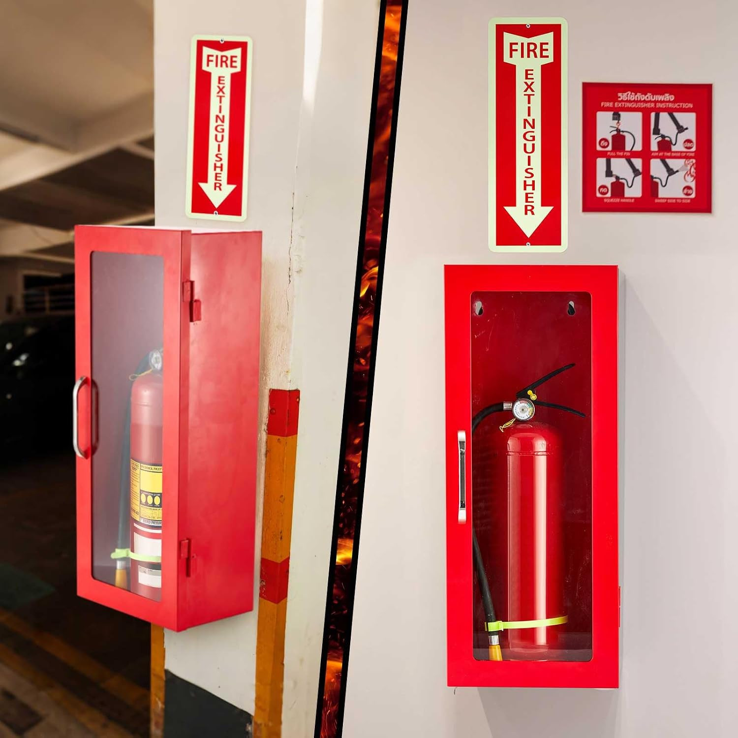 10 Lb Fire Extinguisher Cabinet with Reflective Sign, Wall & Surface Mount Fire