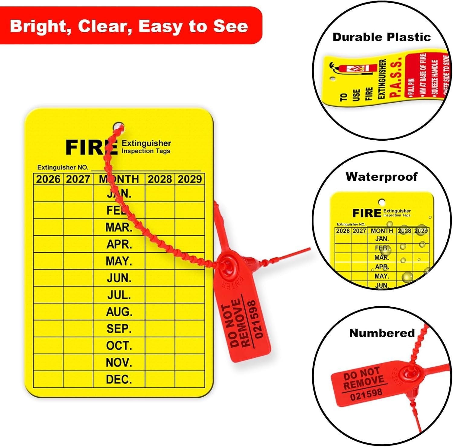30 Set Fire Extinguisher Tags Monthly Inspection Plastic Ties Hole Puncher Red