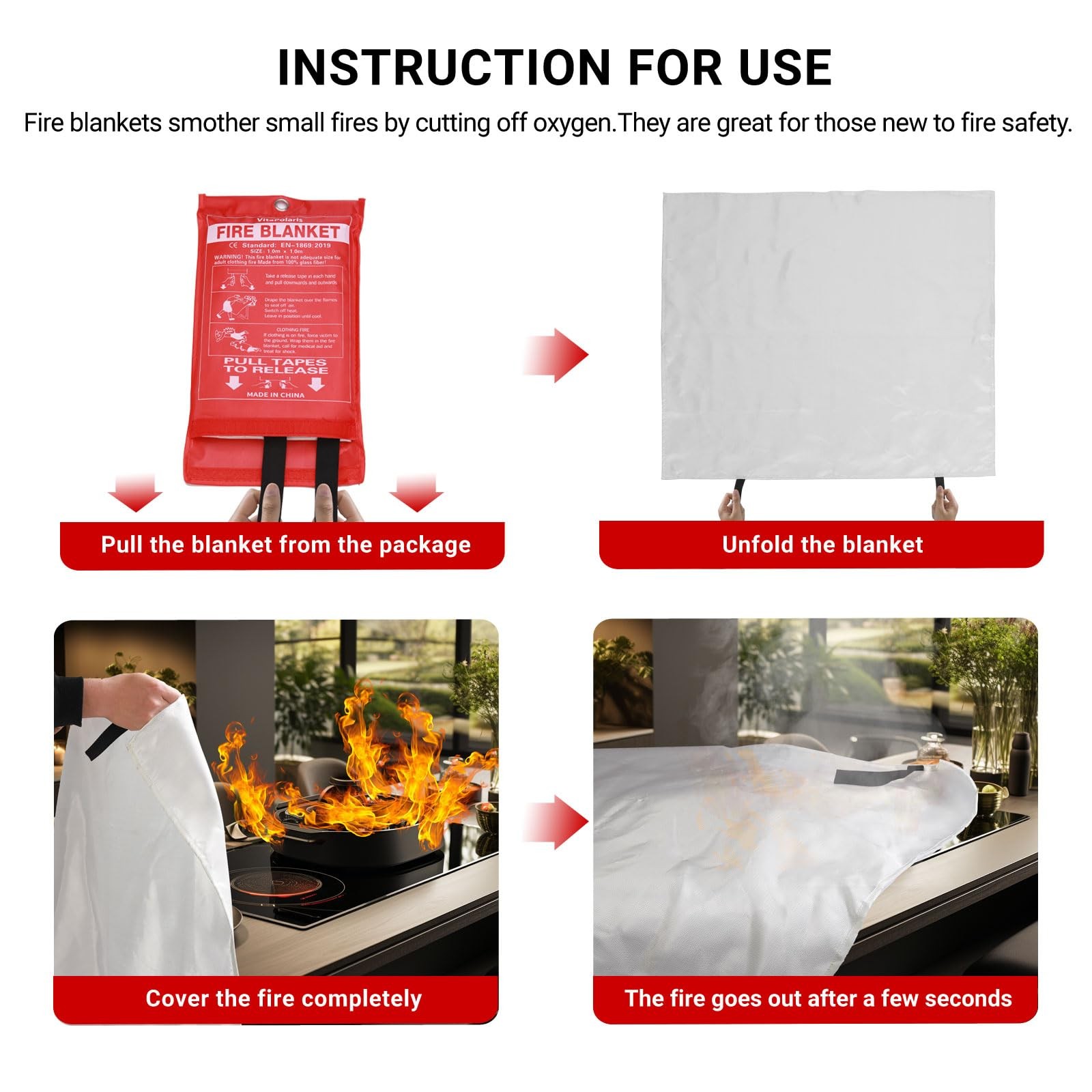 Heavy-Duty Emergency Fire Blanket, 2 Pack Fireproof Fiberglass Blanket for Kitc