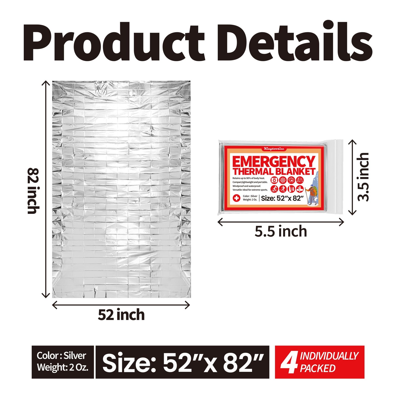 Emergency Thermal Blanket, 4-Pack, Mylar Space Blanket Survival Kit