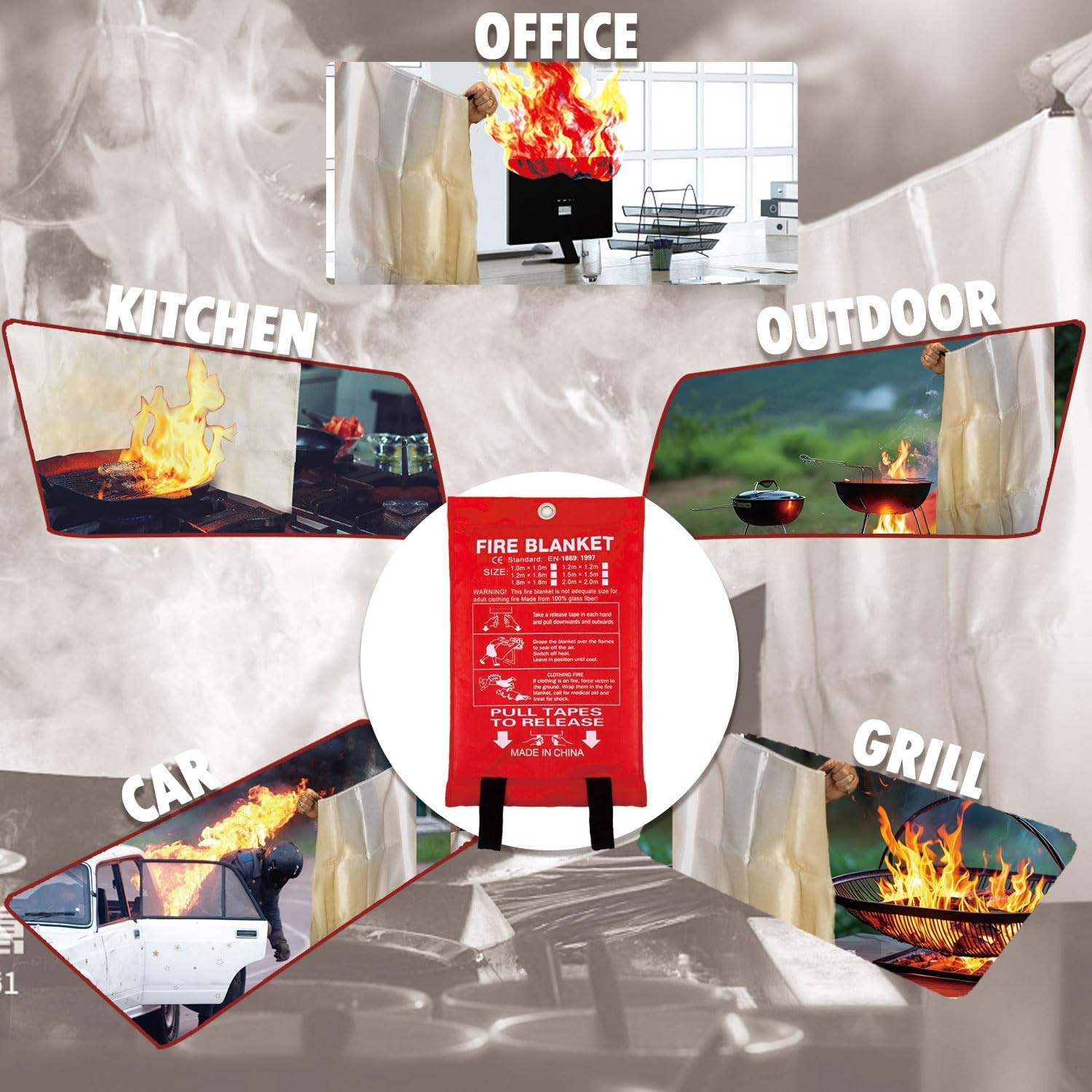Fire Blanket 40×40 inches Fiberglass w/Gloves Hooks Whistle – Fireproof Safet…