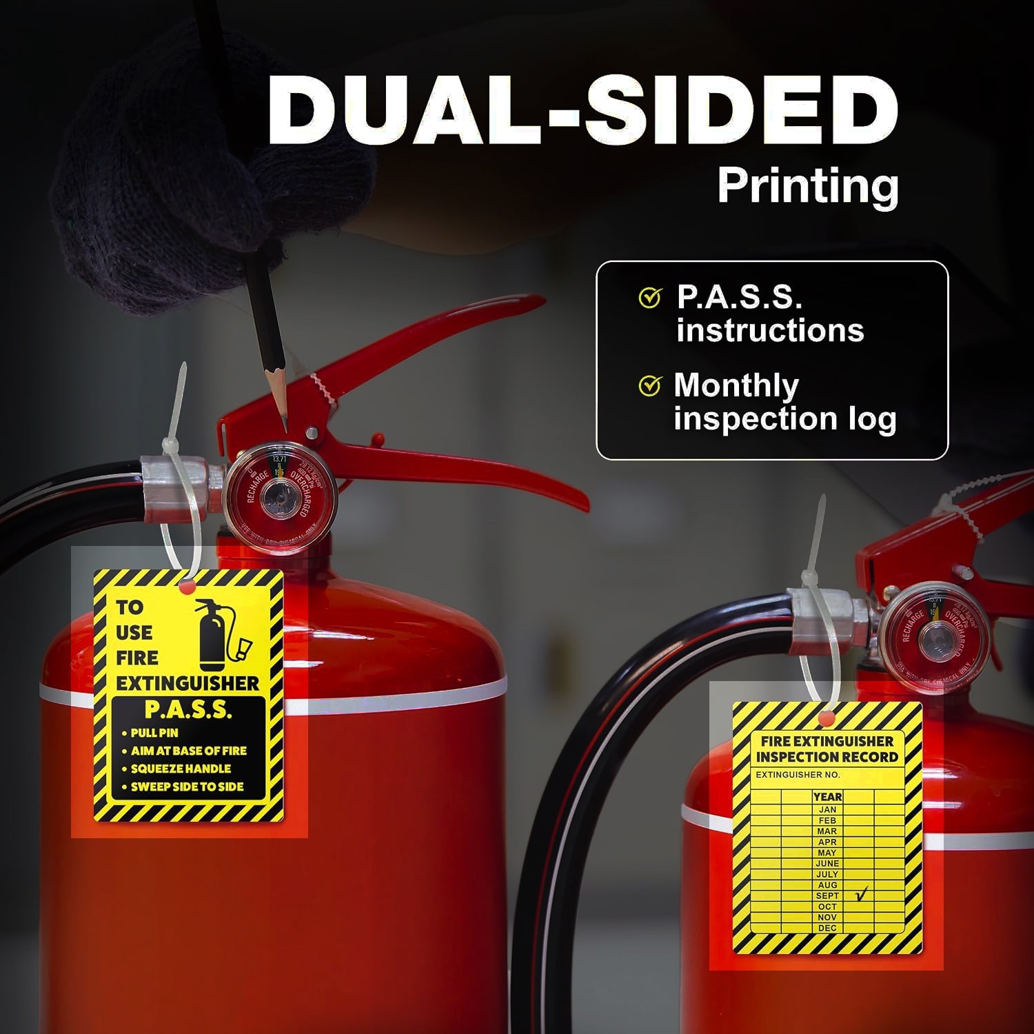 20 Fire Extinguisher Inspection Tags 2026-2029 Plastic 2.25″ x 3″ Yellow/Black