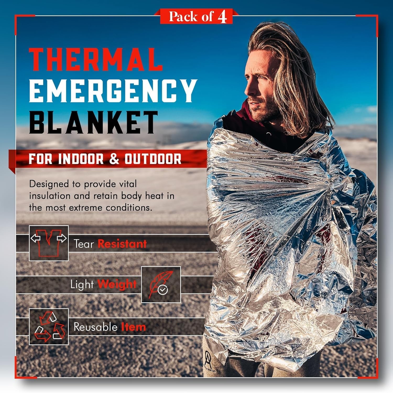 Emergency Blanket 4-Pack Space Mylar Blankets Survival Gear and Supplies Reus…