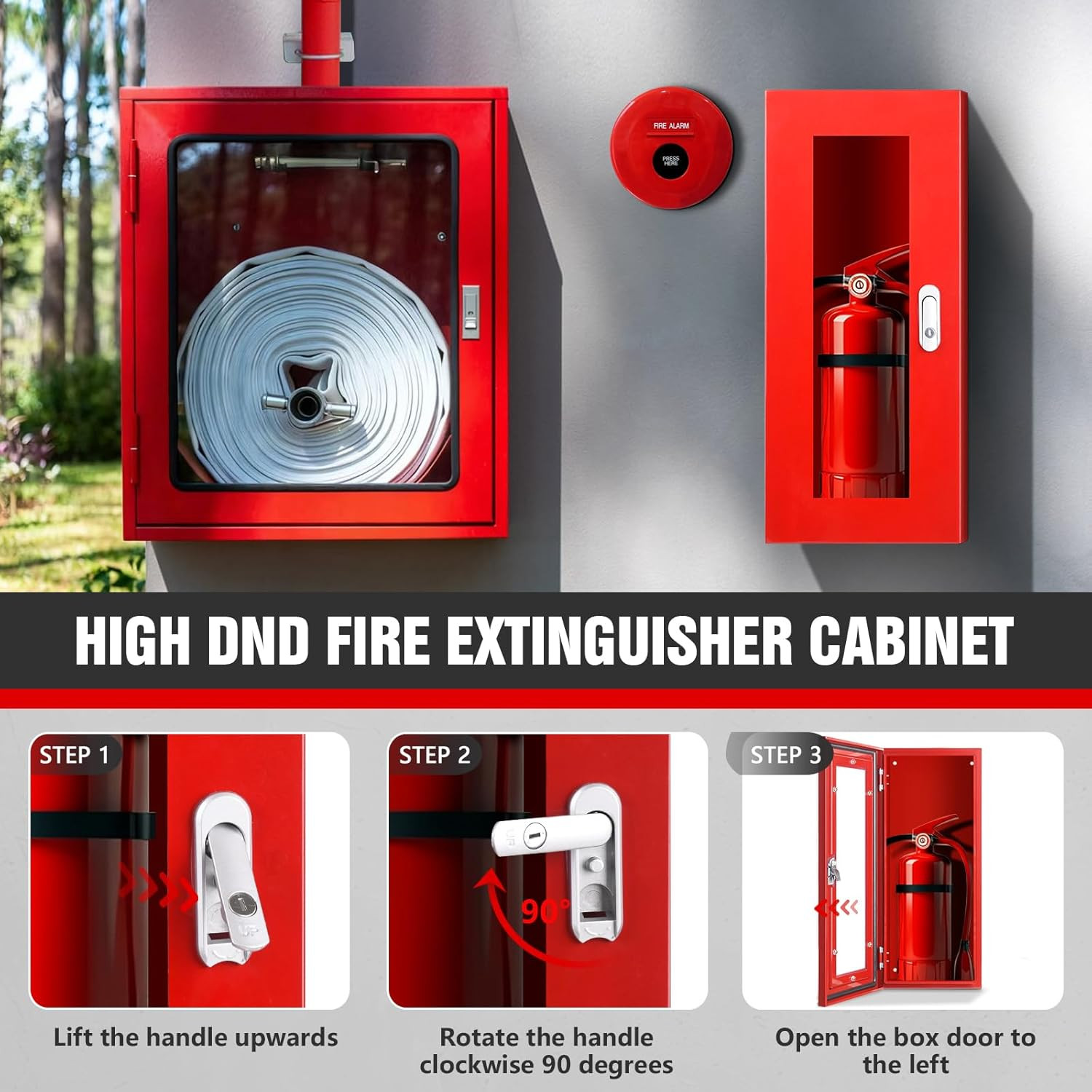 Red Steel Fire Extinguisher Cabinet with Lock & Clear Door, 5-12 lbs