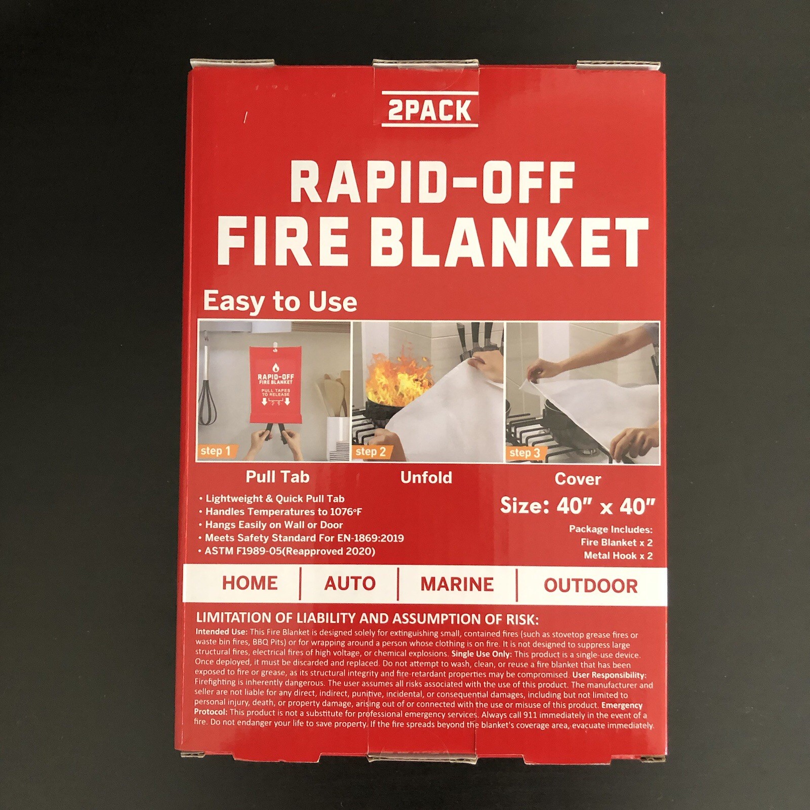 RAPID-OFF Fire Blanket 2 Pack Fiberglass Kitchen Garage Car Safety 40”x40”