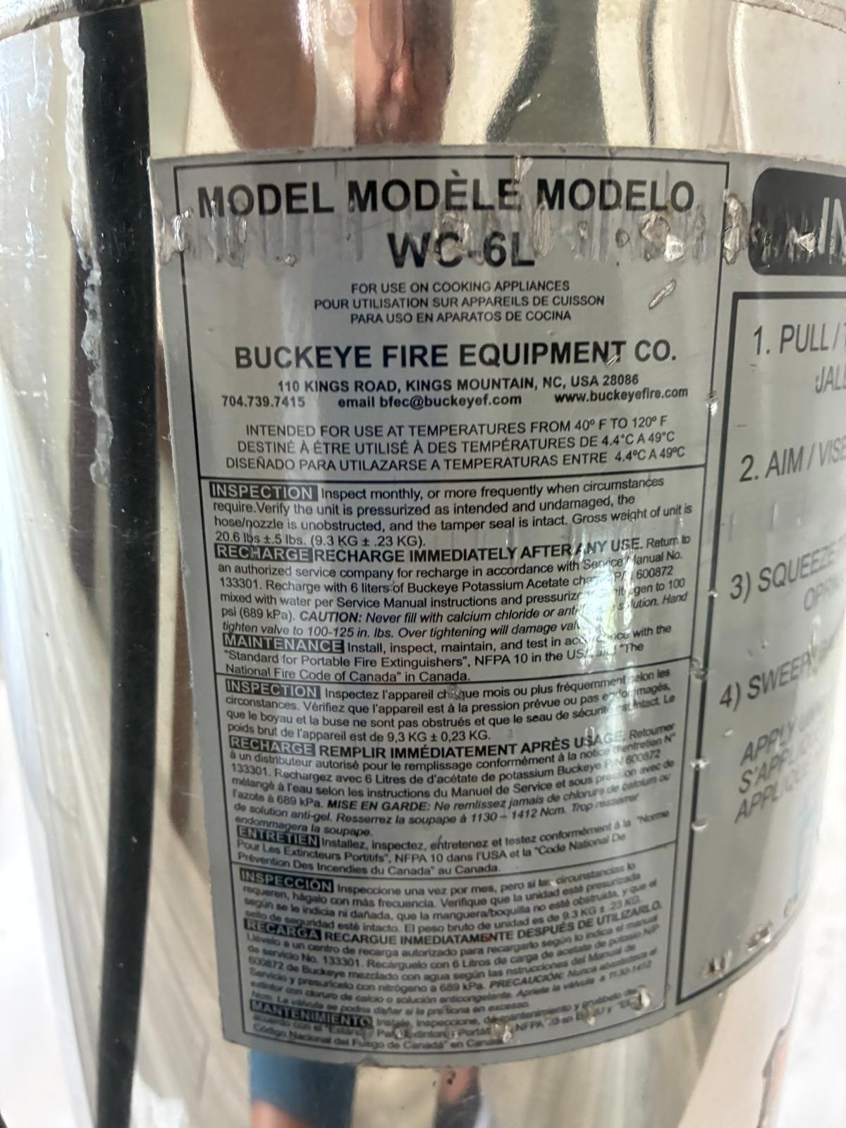 Buckeye WC-6L Wet Chemical Fire Extinguisher 6L Class K