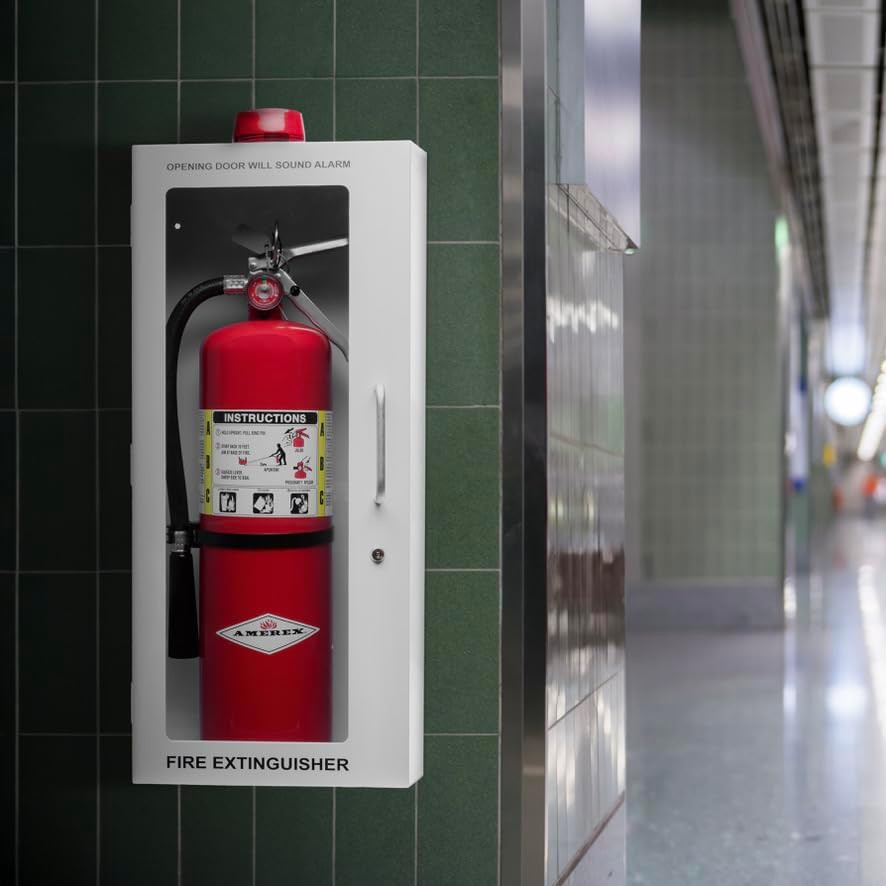10 Lb Fire Extinguisher Cabinet with Alarm, Lock, & Breakable Acrylic Window | W
