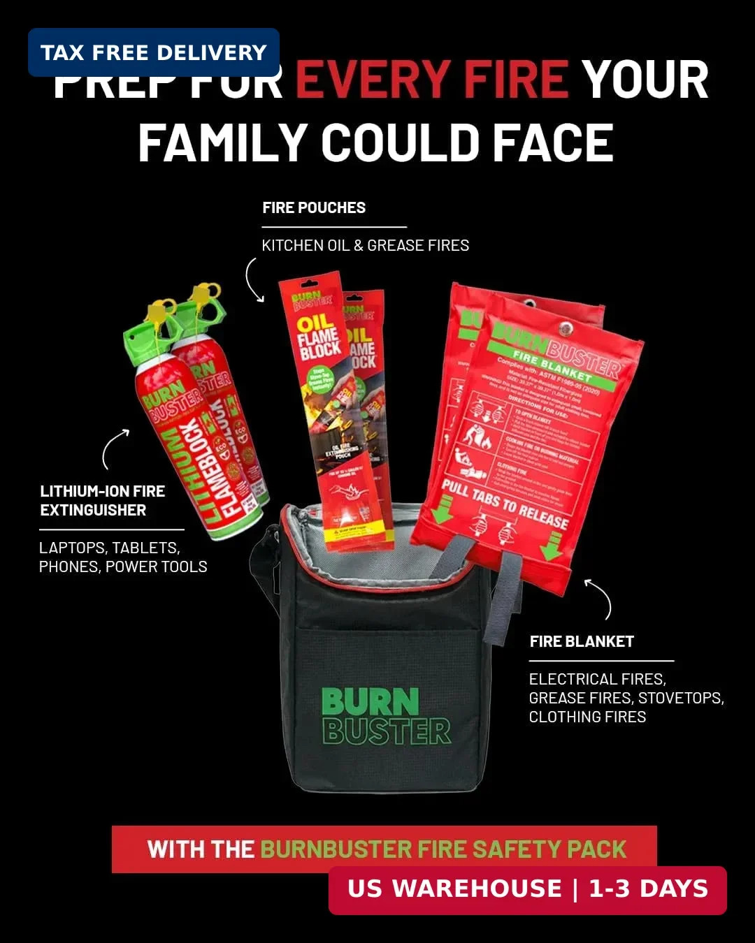 Fire Safety Pack of 6-2x Lithium-Ion Fire Suppression Gel, 2x Emergency Blanket