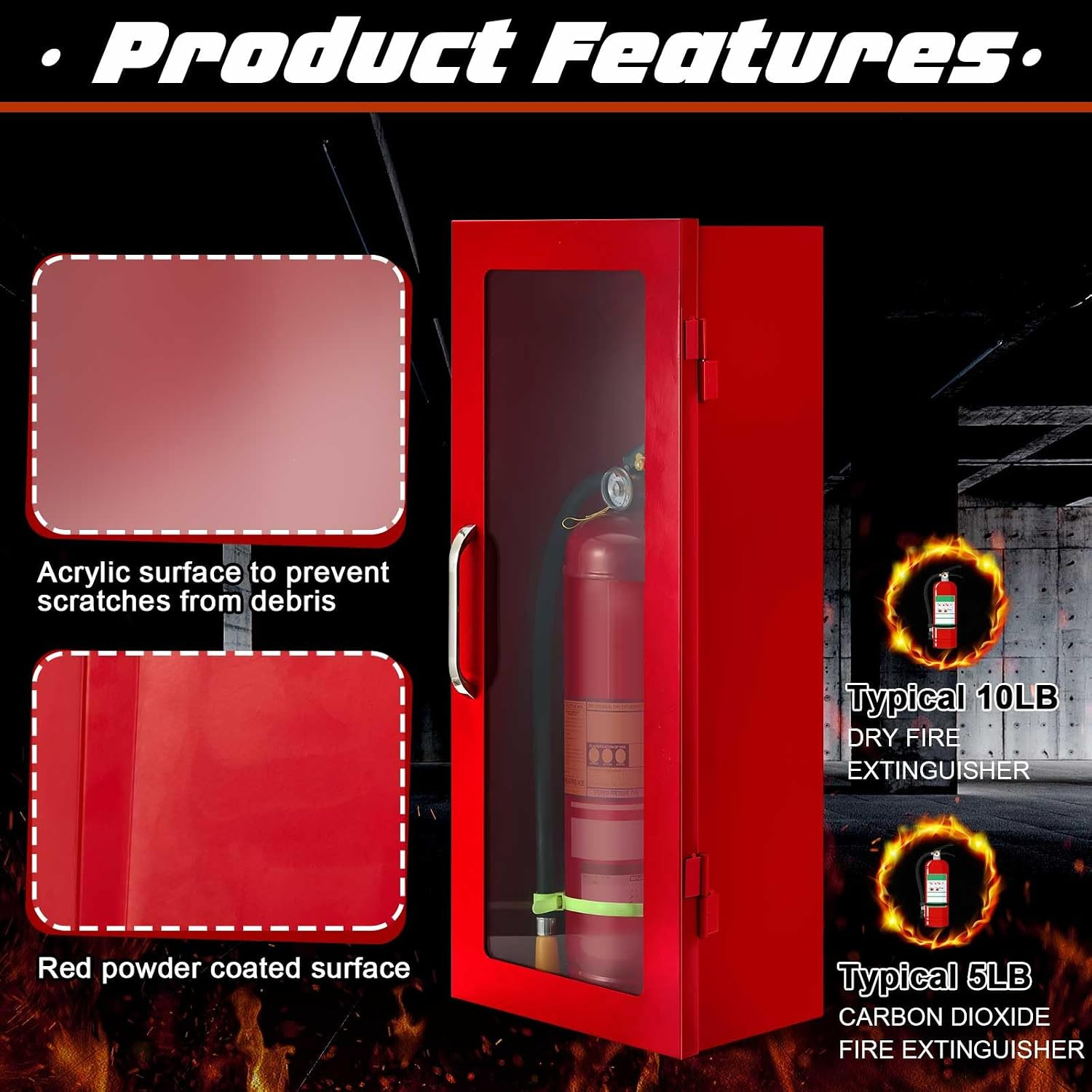 10 Lb Fire Extinguisher Cabinet with Reflective Sign, Wall & Surface Mount Fire