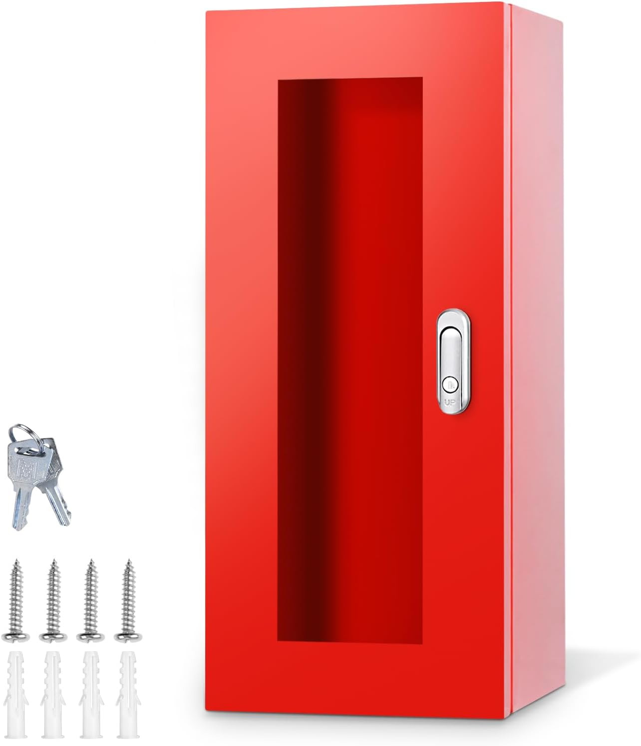 Red Steel Fire Extinguisher Cabinet with Lock & Clear Door, 5-12 lbs
