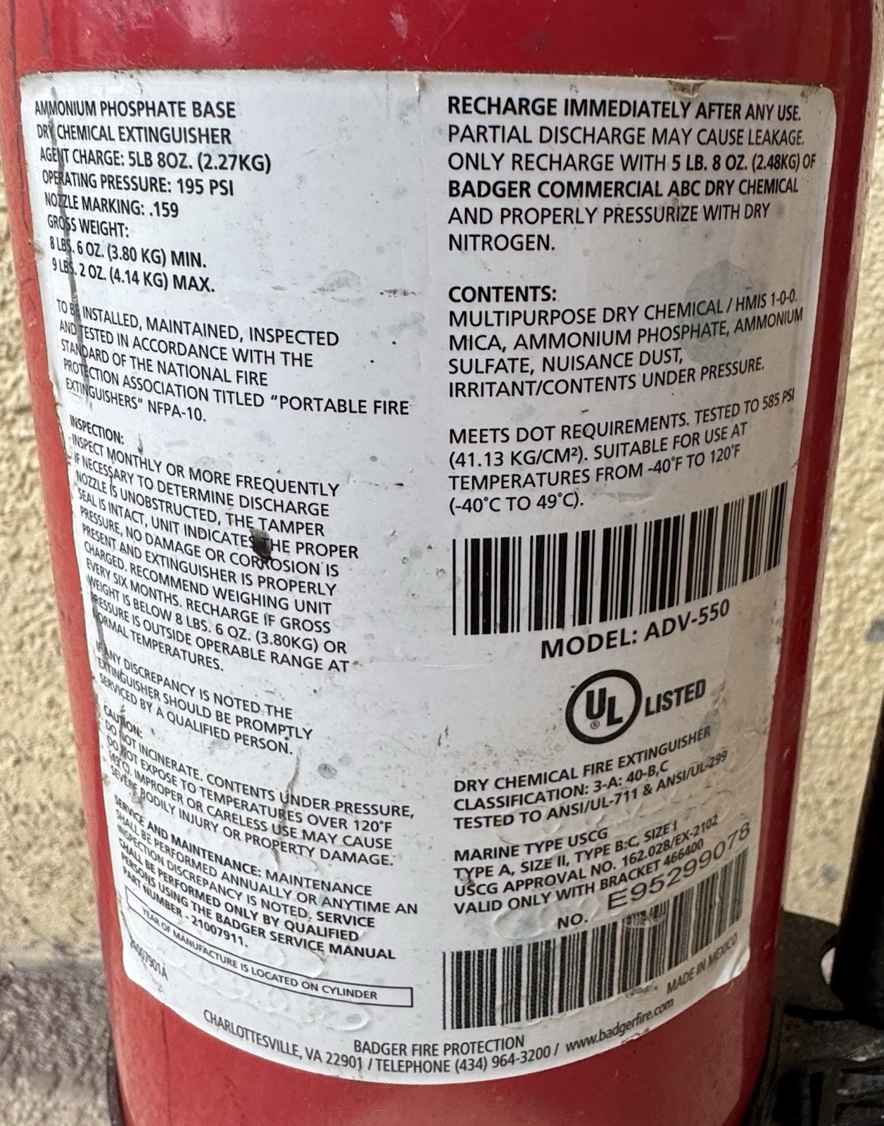 Fire Extinguisher Badger Advantage 5 Pounds “ABC Dry Chemical Model ADV-550