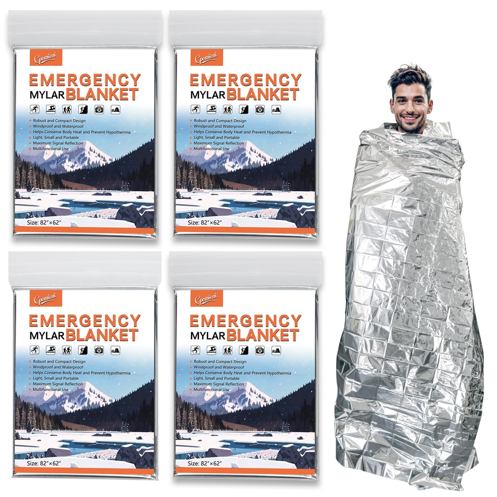 4 Pack -Large 82” x 62” Survival Emergency Mylar Thermal Blankets, Thermal Su…