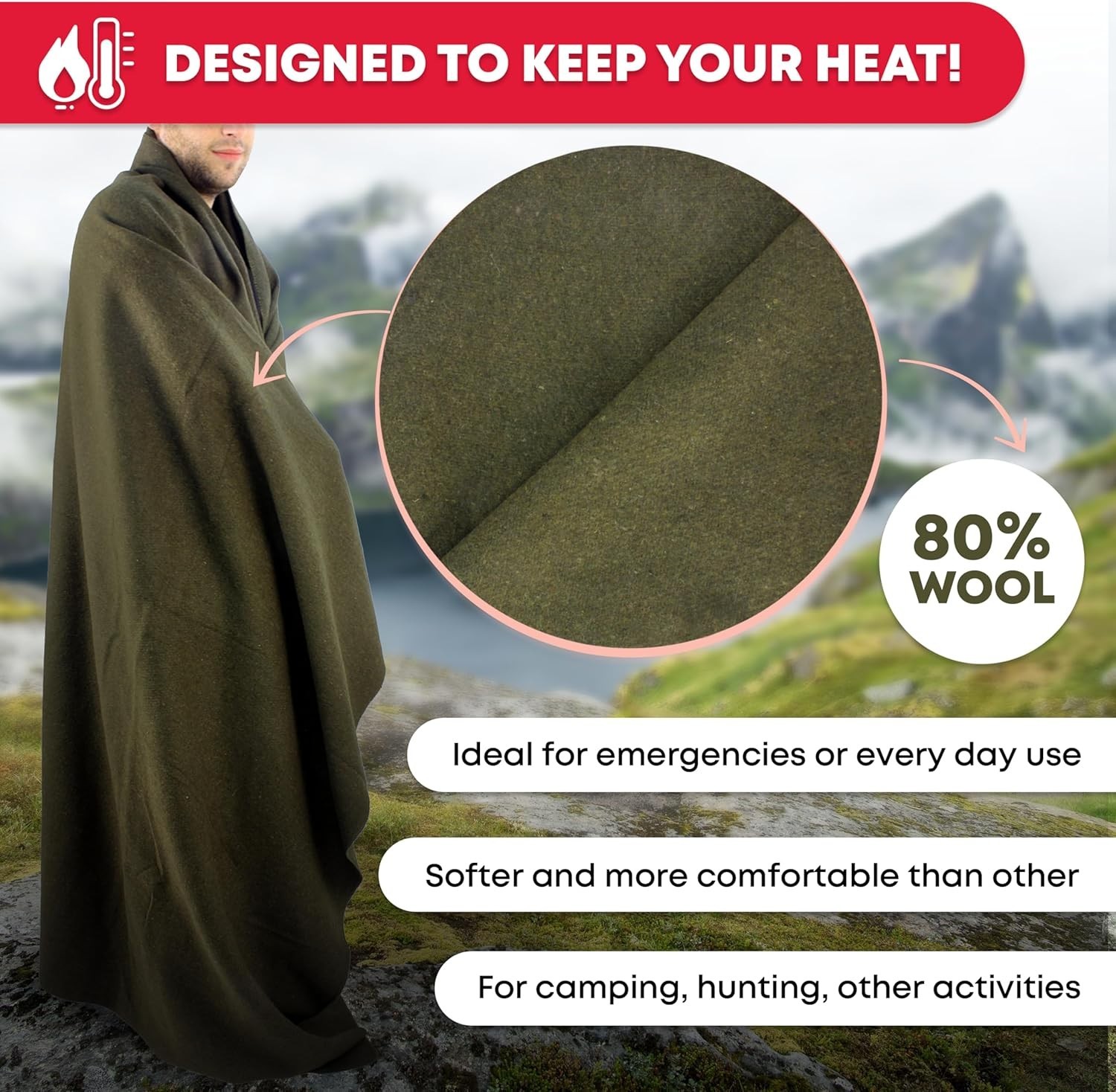 Military-Style Warm Olive Green Blanket 66″ x 90″ – Ideal for Camping & Travel