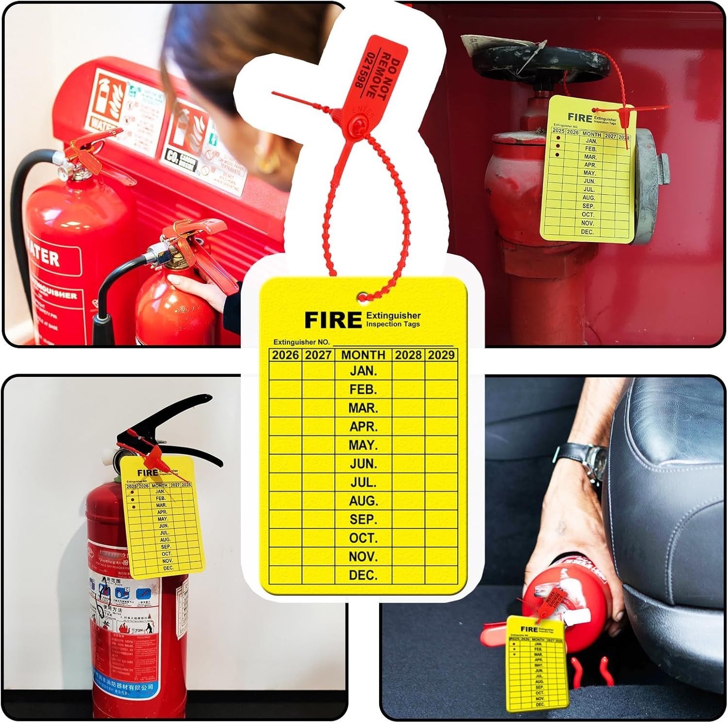 30 Set Fire Extinguisher Tags Monthly Inspection Plastic Ties Hole Puncher Red