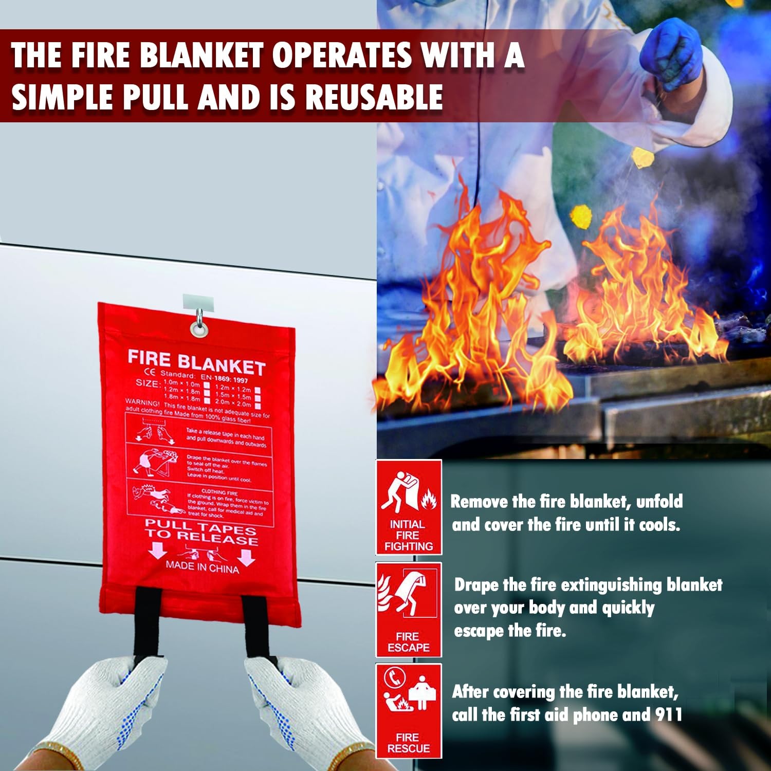 Fire Blanket 40×40 inches Fiberglass w/Gloves Hooks Whistle – Fireproof Safet…