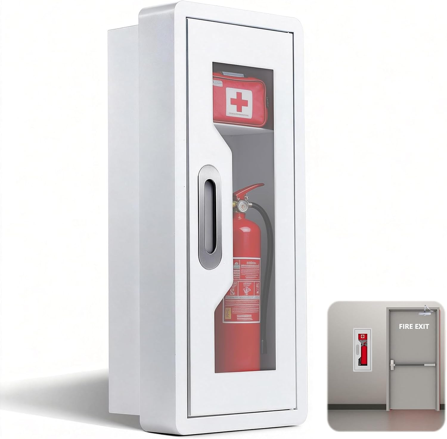 Rounded Corner Semi Recessed Steel Fire Extinguisher Cabinet White 1PC | for 2.5