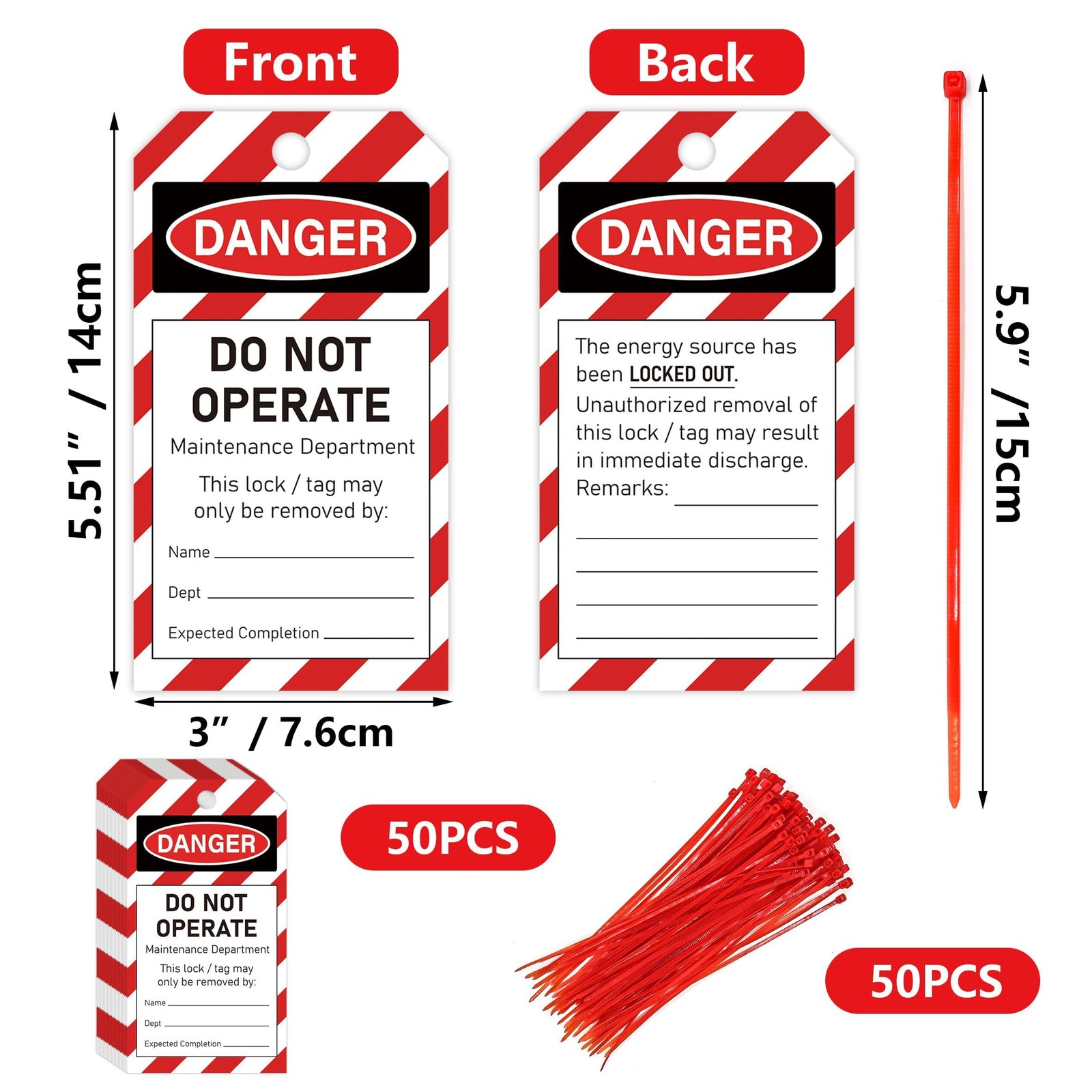 Lockout Tagout Tags Do Not Operate Equipment Labels W/ Zip Ties OSHA 50 Pcs